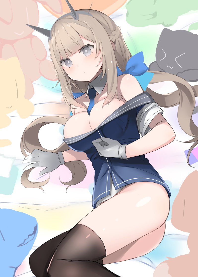 shin (new), maryland (kancolle), kantai collection, commentary request, 1girl, ass, bare shoulders, between breasts, black thighhighs, blue bow, blue necktie, blue shirt, blush, bottomless, bow, braid, breasts, brown hair, cleavage, detached collar, gloves, hair bow, headgear, large breasts, long hair, necktie, necktie between breasts, shirt, stuffed animal, stuffed cat, stuffed rabbit, stuffed toy, thighhighs, white gloves, white shirt
