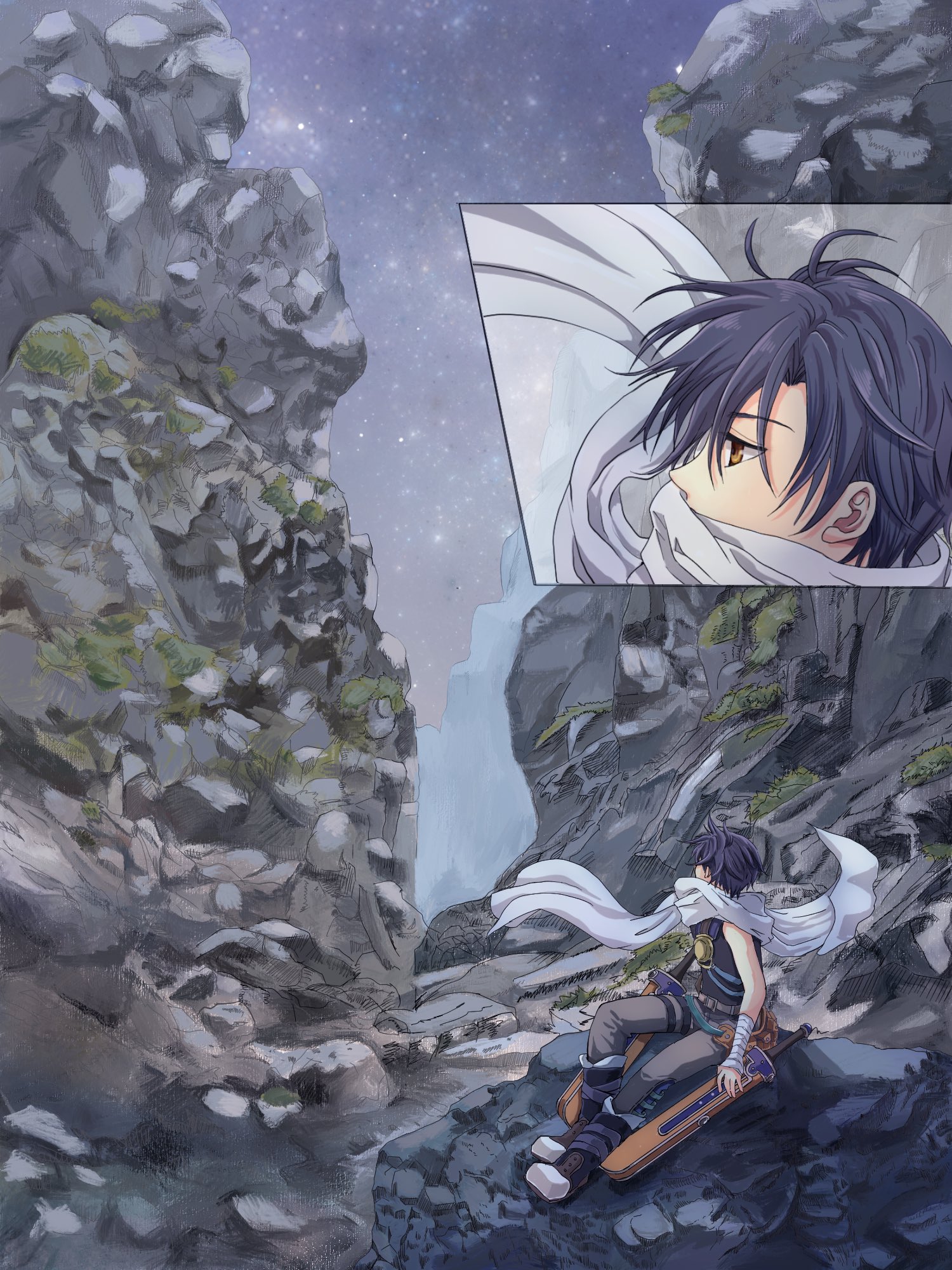 koyagistock, joshua bright, eiyuu densetsu, sora no kiseki, commentary request, highres, bandaged arm, bandages, black hair, boots, covered mouth, floating scarf, hair between eyes, night, night sky, outdoors, parted bangs, ravine, scarf, short hair, sky, sleeveless, star (sky), starry sky, sword, weapon, white scarf, yellow eyes