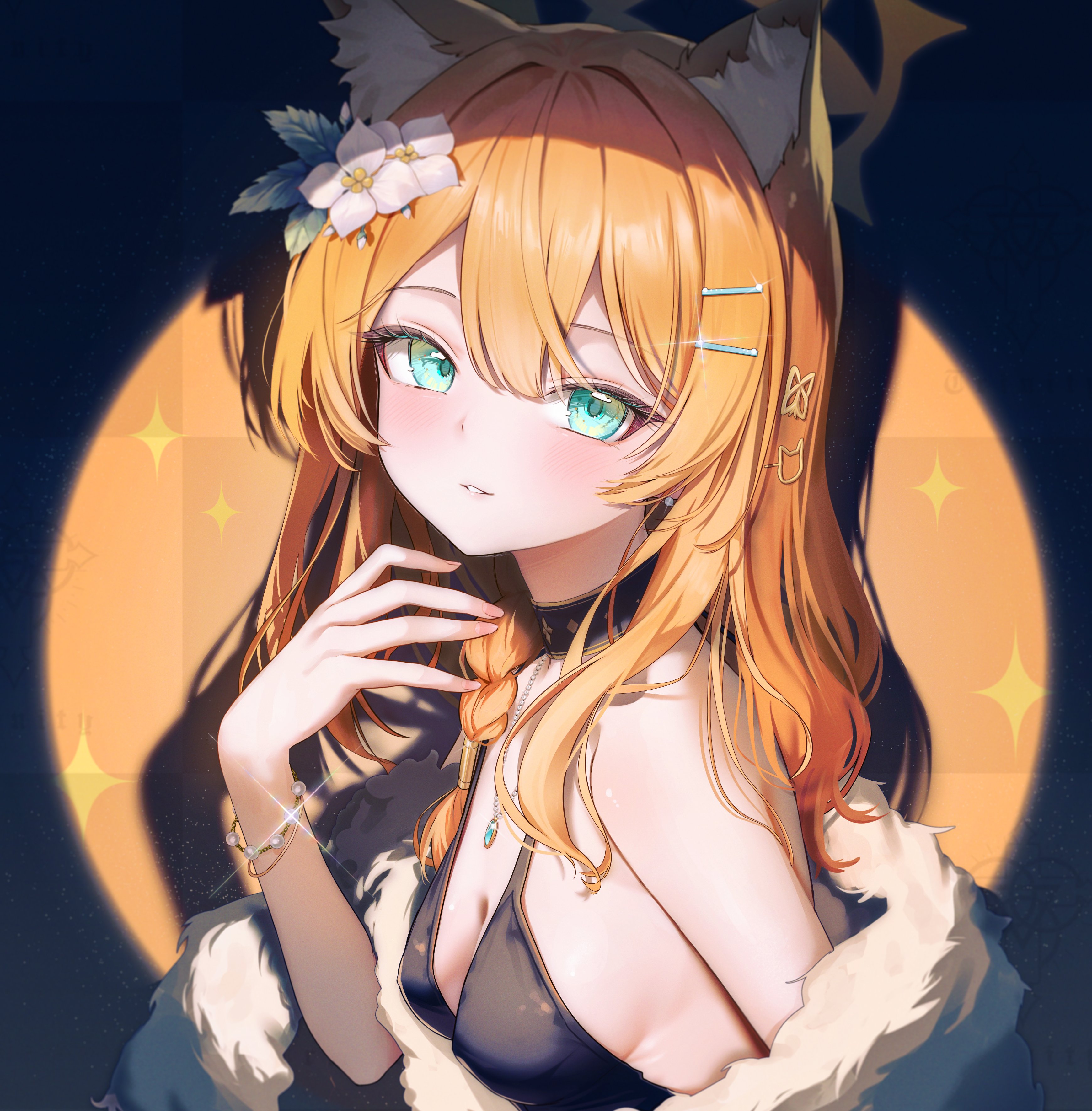 chiu538, mari (blue archive), blue archive, absurdres, commentary request, highres, 1girl, alternate costume, animal ear fluff, animal ears, black background, black choker, black dress, bracelet, breasts, choker, cleavage, dress, flower, green eyes, hair flower, hair ornament, hairclip, halo, jewelry, looking at viewer, orange hair, parted lips, simple background, small breasts, solo, upper body, white flower, yellow halo