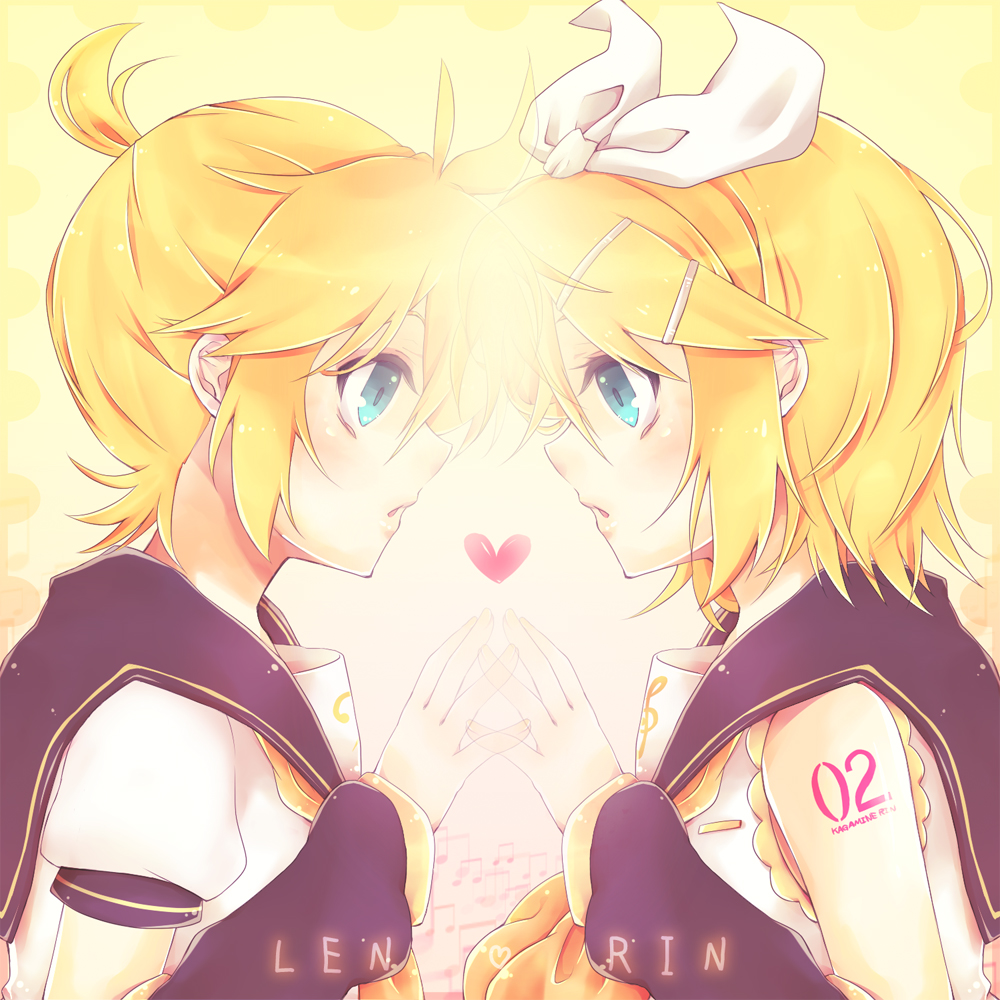 mukkun, kagamine len, kagamine rin, vocaloid, 1boy, 1girl, blonde hair, blue eyes, brother and sister, detached sleeves, hair ornament, hairclip, necktie, short hair, siblings, twins