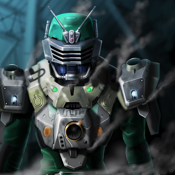 poo (saku), saku (saku9595), kamen rider zolda, kamen rider, kamen rider ryuki (series), 1boy, antennae, bodysuit, looking at viewer, machinery, male focus, smoke, solo, upper body