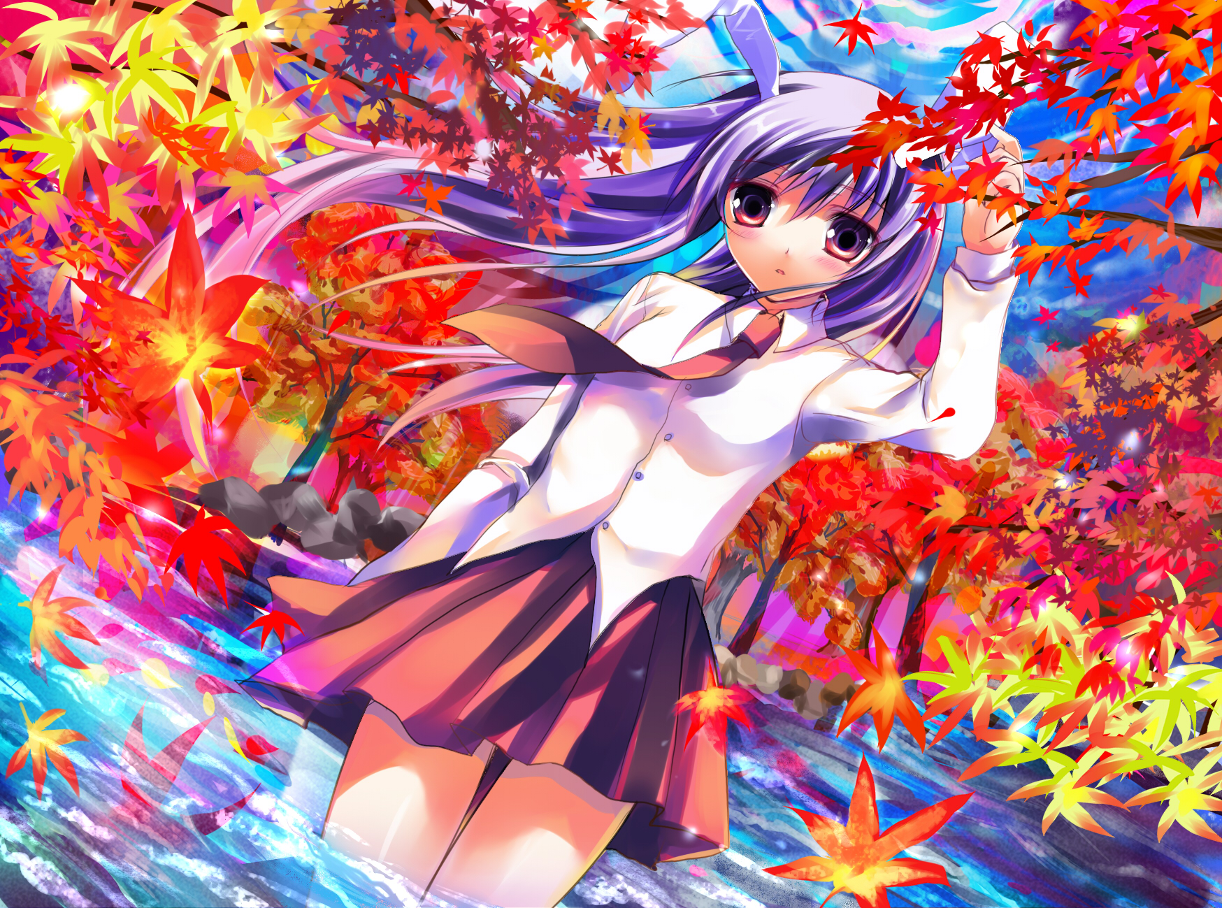 azumi kazuki, reisen udongein inaba, touhou, bad id, bad pixiv id, highres, 1girl, animal ears, dress shirt, female focus, forest, leaf, long hair, nature, necktie, outdoors, pleated skirt, purple hair, rabbit ears, red eyes, shirt, skirt, sky, solo, wading, water