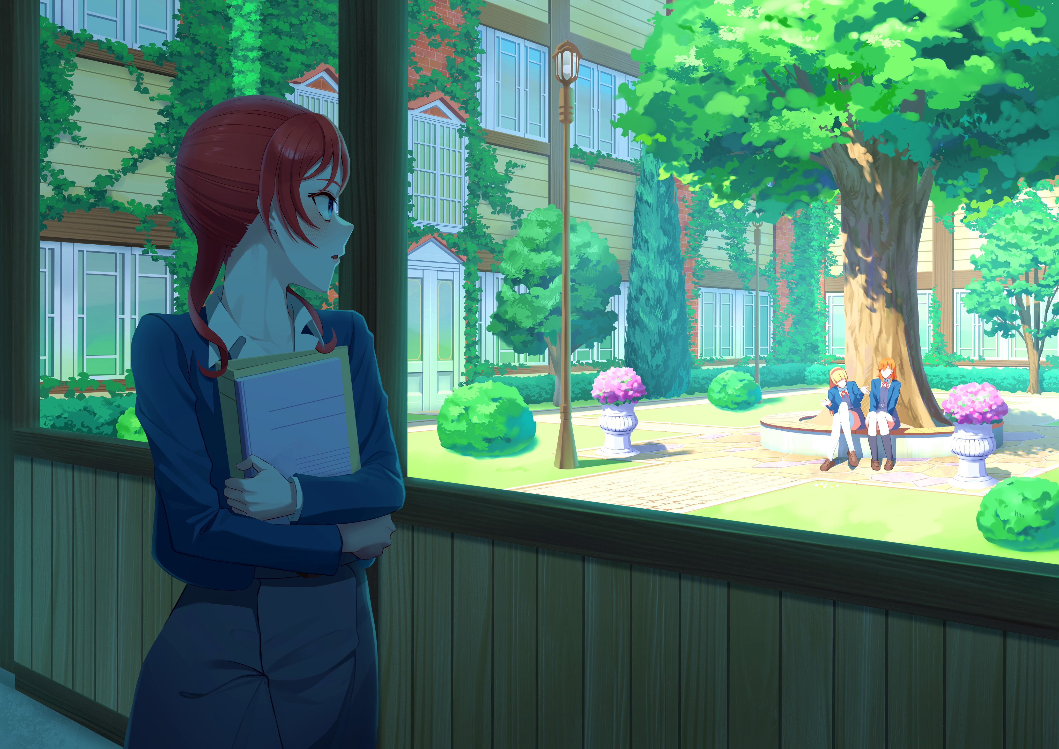 idobata, heanna sumire, shibuya kanon, yoneme mei, love live!, love live! superstar!!, absurdres, commentary request, highres, 3girls, binder, blonde hair, blue eyes, blue jacket, blush, book, brown shoes, catchu! (love live!), dress, faceless, grey dress, grey socks, holding, holding binder, holding book, jacket, lamppost, long hair, long sleeves, looking at another, looking to the side, medium hair, multiple girls, neck ribbon, orange hair, parted lips, red hair, red ribbon, ribbon, school uniform, shade, shoes, sitting, socks, solo focus, standing, thighhighs, tree, white thighhighs, window, winter uniform, yuigaoka school uniform