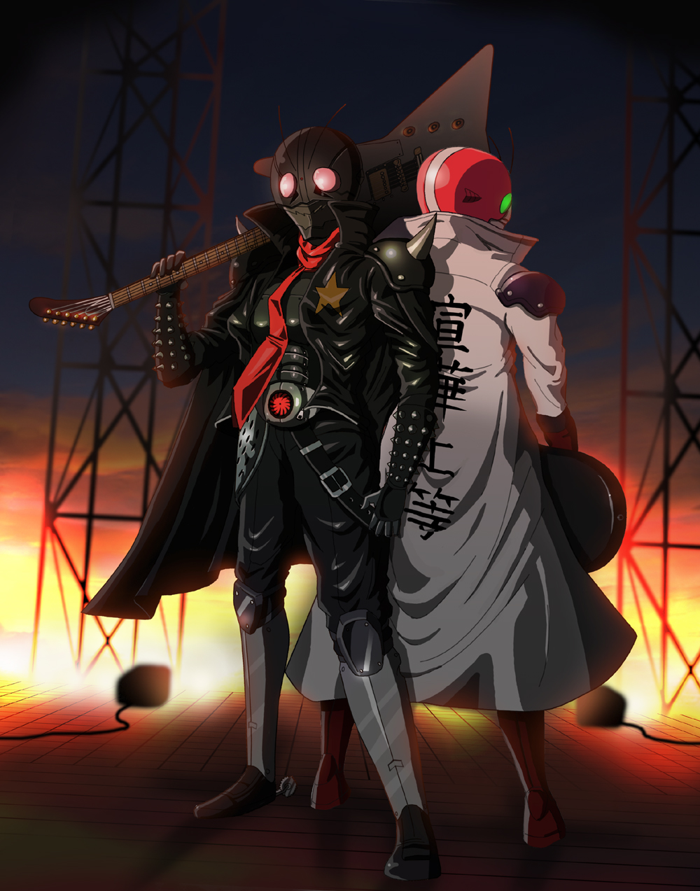poo (saku), saku (saku9595), kamen rider 1, kamen rider v3, kamen rider, kamen rider the first, kamen rider the next, highres, 2boys, antennae, belt, coat, concert, electric guitar, full body, gibson explorer, green eyes, guitar, instrument, male focus, multiple boys, outdoors, red eyes, scarf, sky