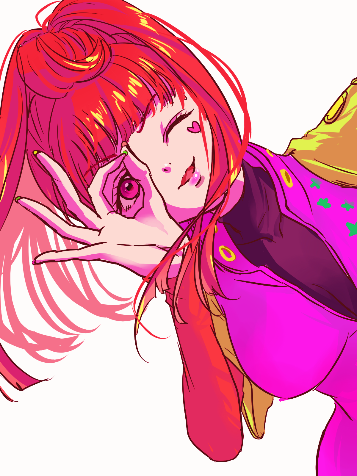 nan (wakuwakufanyu), sq (gnosia), gnosia, commentary request, highres, 1girl, blunt bangs, earrings, hair between eyes, half up bun, heart, heart earrings, heart tattoo, high ponytail, jewelry, long hair, long sleeves, looking at viewer, nail polish, ponytail, red eyes, red hair, simple background, smile, solo, tattoo, upper body