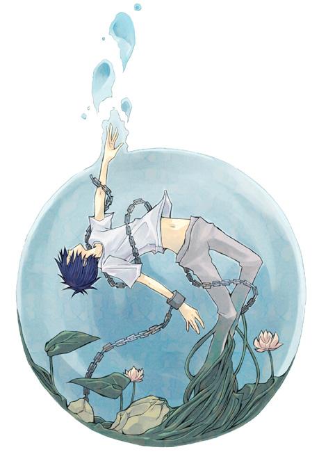 artist request, gender request, androgynous, asphyxiation, blue hair, bubble, chain, closed eyes, cuffs, drowning, flower, pants, rock, shackles, short hair, transformation, underwater, water