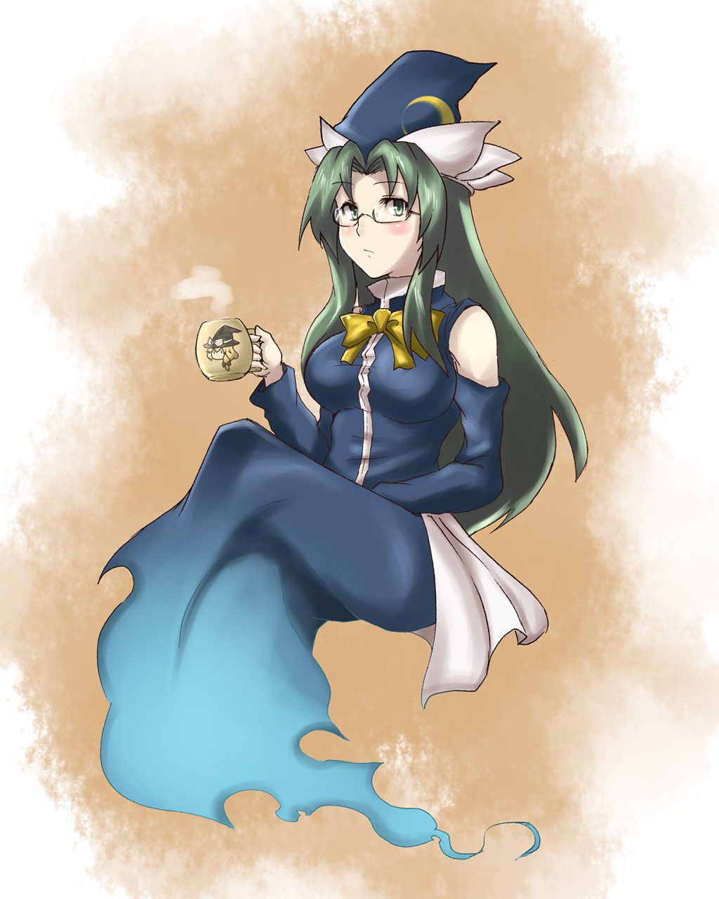 reon (pixiv), reon (saikyou), kirisame marisa, mima (touhou), phantasmagoria of dim.dream, touhou, touhou (pc-98), highres, 1girl, breasts, cup, female focus, glasses, gradient background, green eyes, green hair, hat, long hair, matching hair/eyes, mug, solo, wizard hat