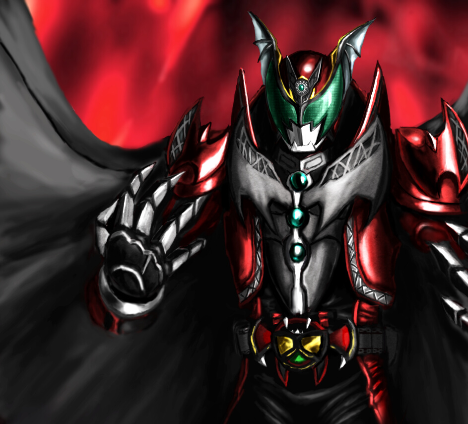 majyuu zaruba, kamen rider dark kiva, kivat-bat ii, kamen rider, kamen rider kiva (series), armor, bat (animal), bat wings, belt, cape, head wings, male focus, red armor, solo, wings