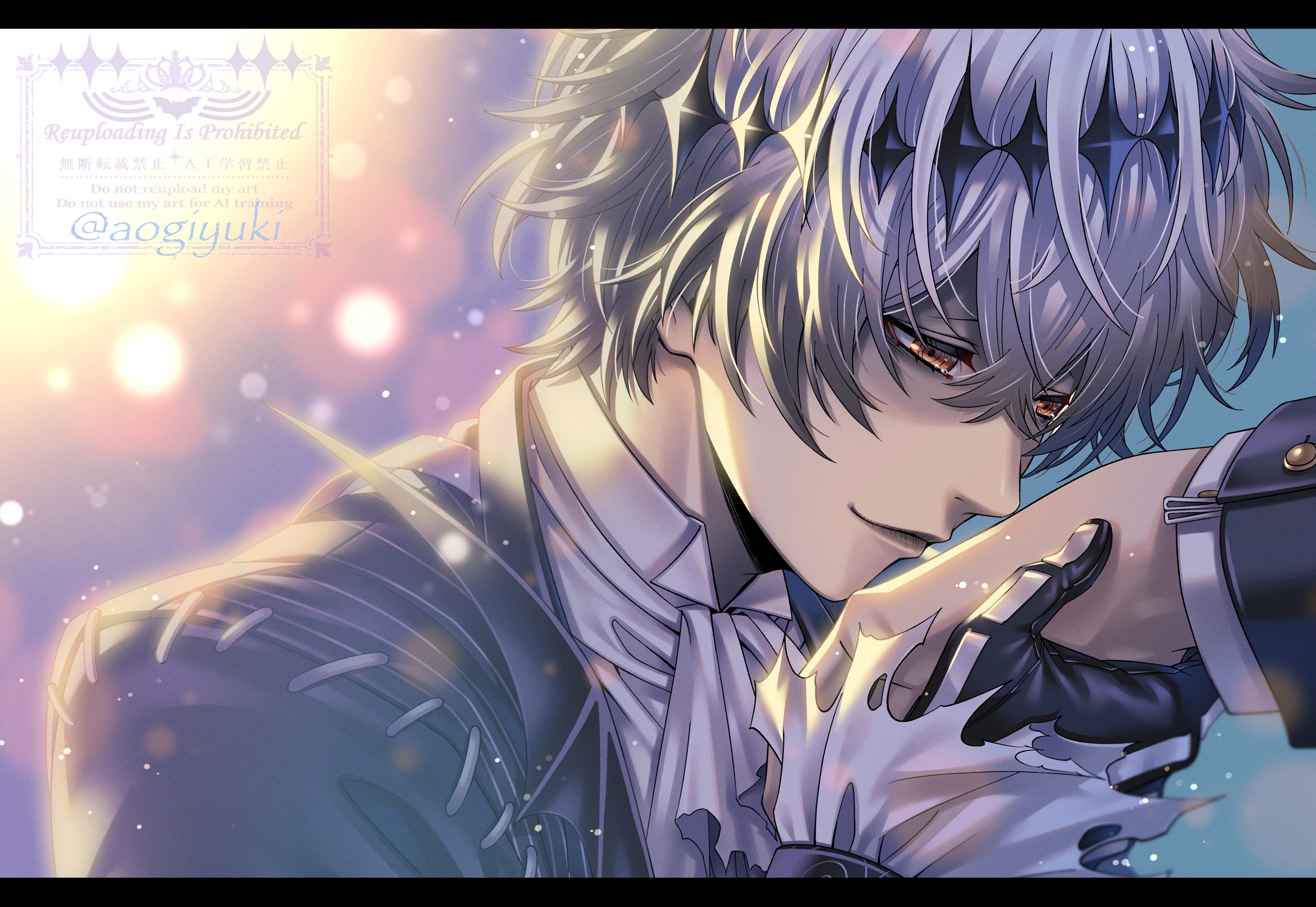 aogiyuki, skully j. graves, twisted wonderland, commentary request, highres, 1boy, black crown, crown, diamond hairband, formal clothes, gloves, jacket, long sleeves, male focus, missing tooth, pinstripe jacket, pinstripe pattern, pinstripe suit, pinstripe vest, round eyewear, short hair, skeleton print, smile, solo, striped clothes, striped vest, suit, sunglasses, vertical-striped clothes, vertical-striped vest, vest, white hair