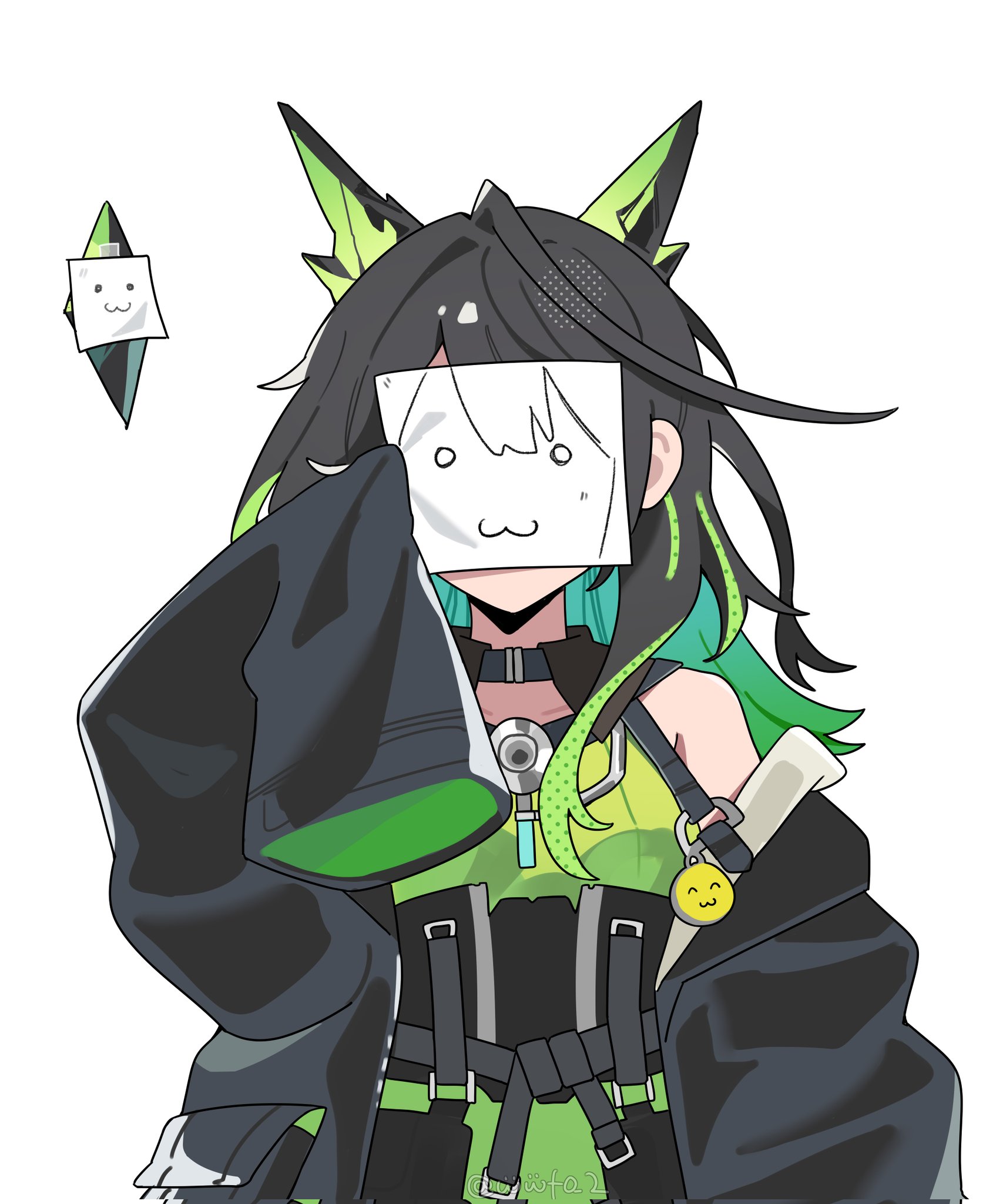 wwfo 2, mon3tr (arknights), arknights, commentary, highres, symbol-only commentary, 1girl, :3, ahoge, animal ears, black hair, black jacket, colored inner hair, covering face, dress, facing viewer, green dress, holding, holding paper, jacket, long hair, multicolored hair, off shoulder, paper, simple background, sleeves past fingers, sleeves past wrists, solo, white background