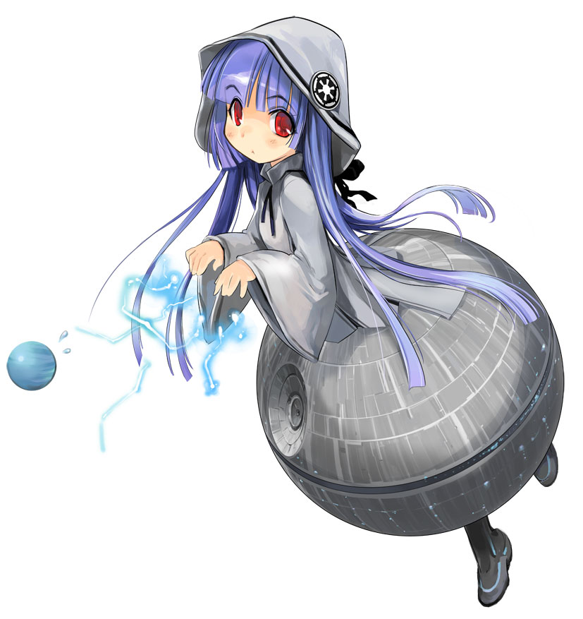 zeco, death star, girl arms, star wars, 1girl, blue hair, bow, cloak, electricity, female focus, hime cut, hood, lightning, long hair, mecha musume, personification, planet, red eyes, simple background, solo, sweatdrop