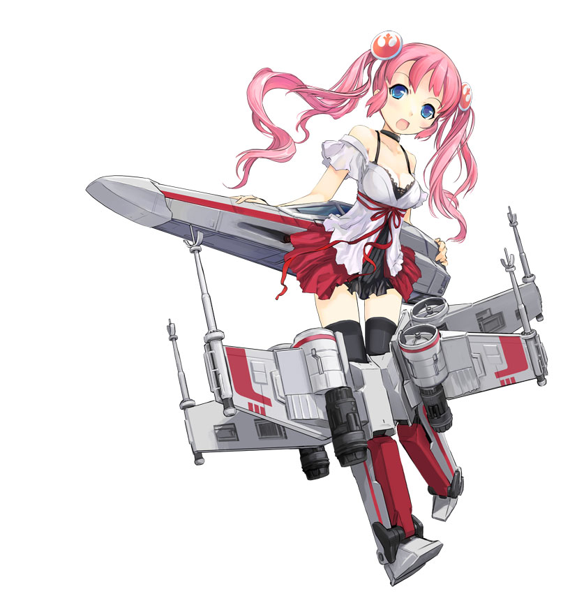zeco, x-wing, girl arms, star wars, 1girl, aircraft, airplane, black thighhighs, blue eyes, blush, bow, breasts, choker, cleavage, female focus, fighter jet, long hair, mecha musume, military, military vehicle, open mouth, personification, pink hair, simple background, solo, spacecraft, spaceplane, starfighter, t-65 x-wing, thighhighs, twintails, white background