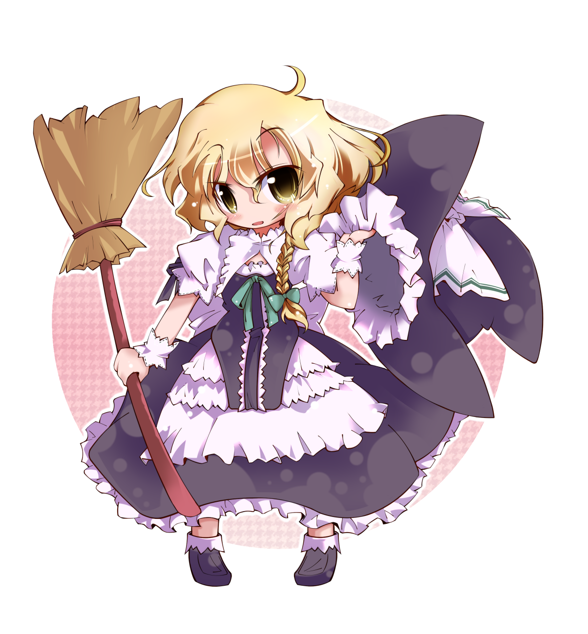 take tonbo, kirisame marisa, touhou, highres, 1girl, blonde hair, bow, braid, broom, chibi, female focus, hair bow, hat, hat bow, holding, holding unworn hat, ribbon, short hair, solo, unworn hat, unworn headwear, witch, witch hat, wrist cuffs, yellow eyes