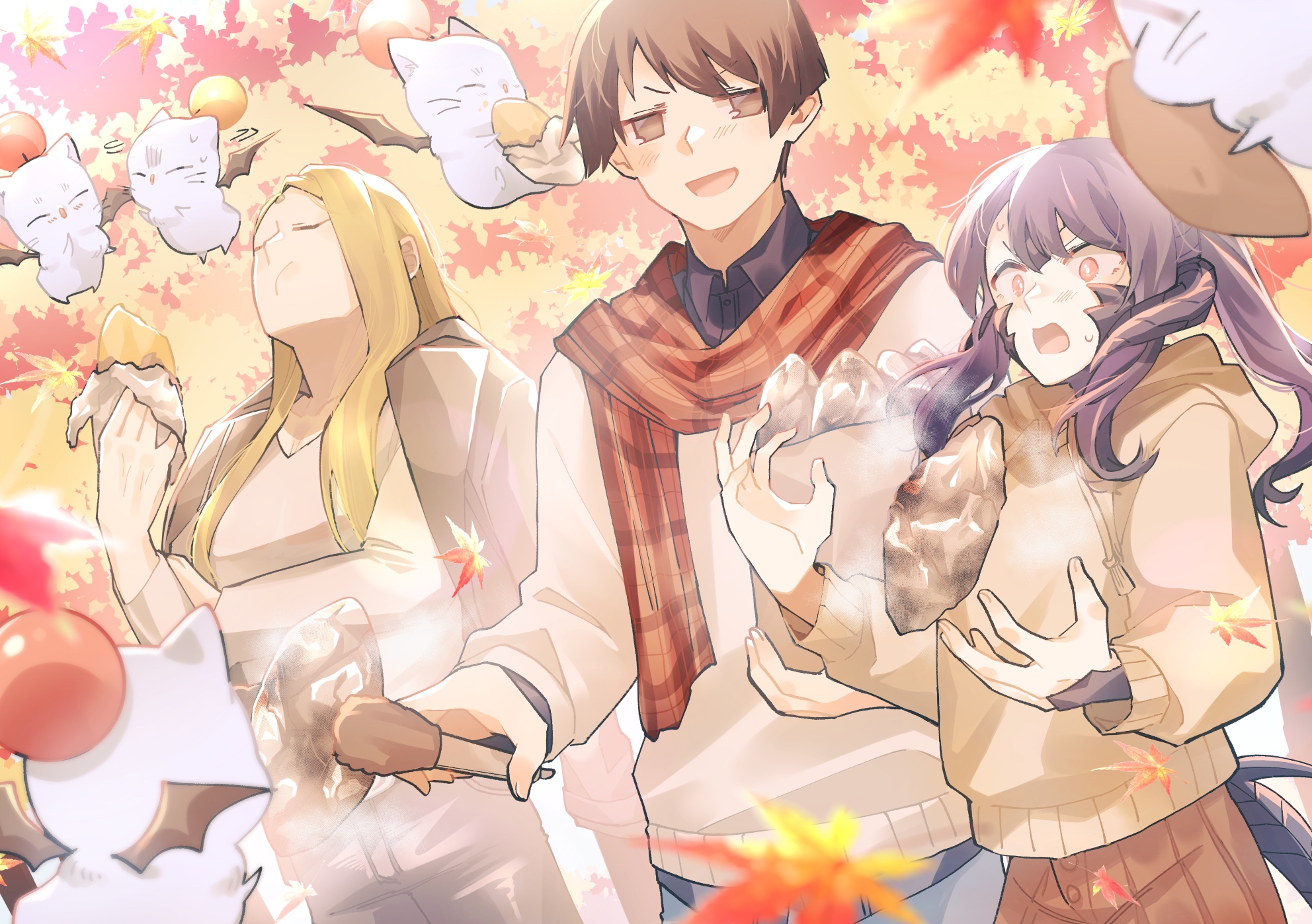 sikiso soso, asahi sas brutus, moogle, warrior of light (ff14), zenos yae galvus, final fantasy, final fantasy xiv, commission, commissioner upload, highres, skeb commission, 1other, 2boys, au ra, autumn, autumn leaves, black horns, black scales, black tail, bowl cut, closed eyes, falling leaves, food, holding, holding tongs, hood, hoodie, horns, leaf, multiple boys, outdoors, roasted sweet potato, scarf, steam, sweet potato, tongs, tree