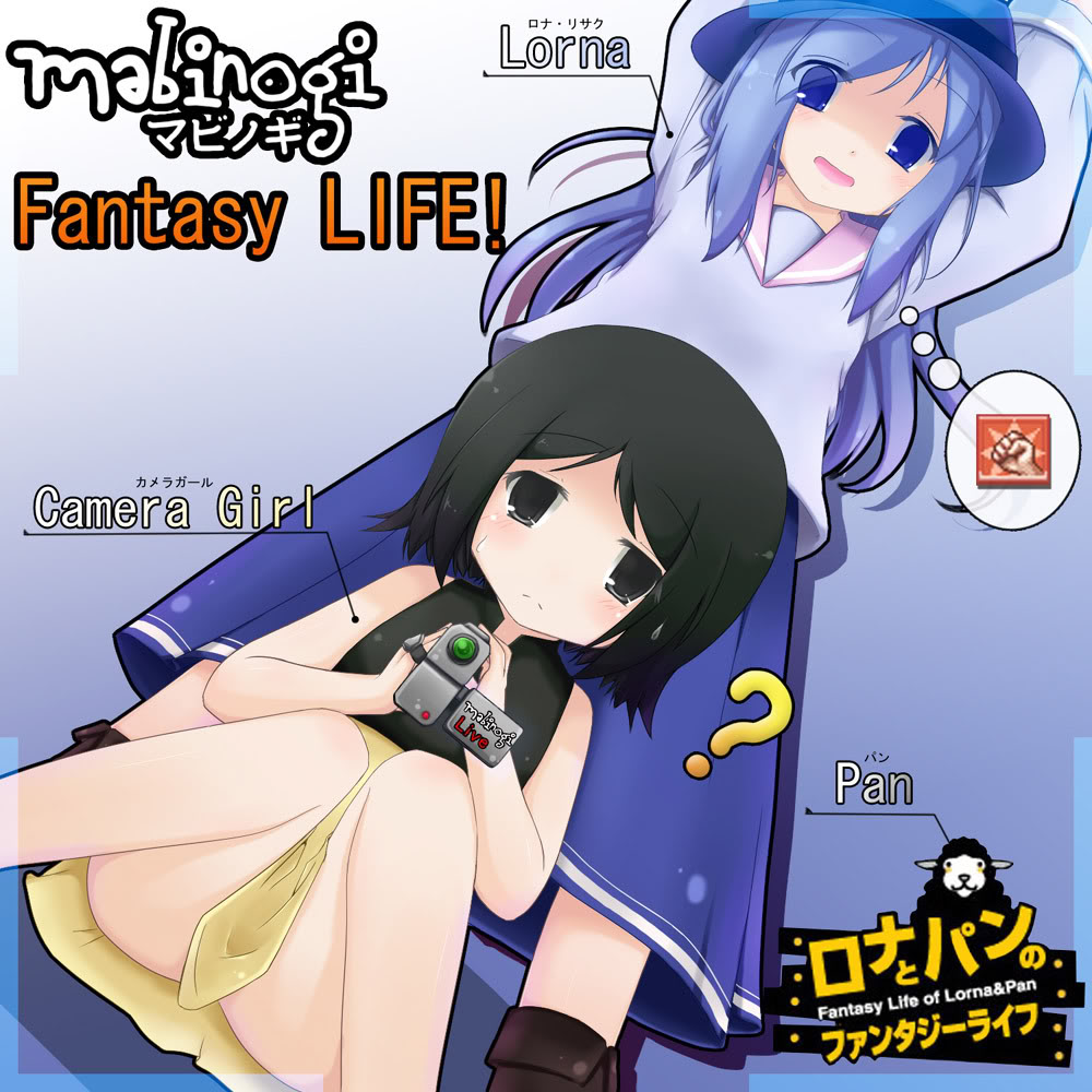 lorna, pan (mabinogi), mabinogi, tagme, blue eyes, blue hair, skirt, speech bubble, split mouth, thought bubble