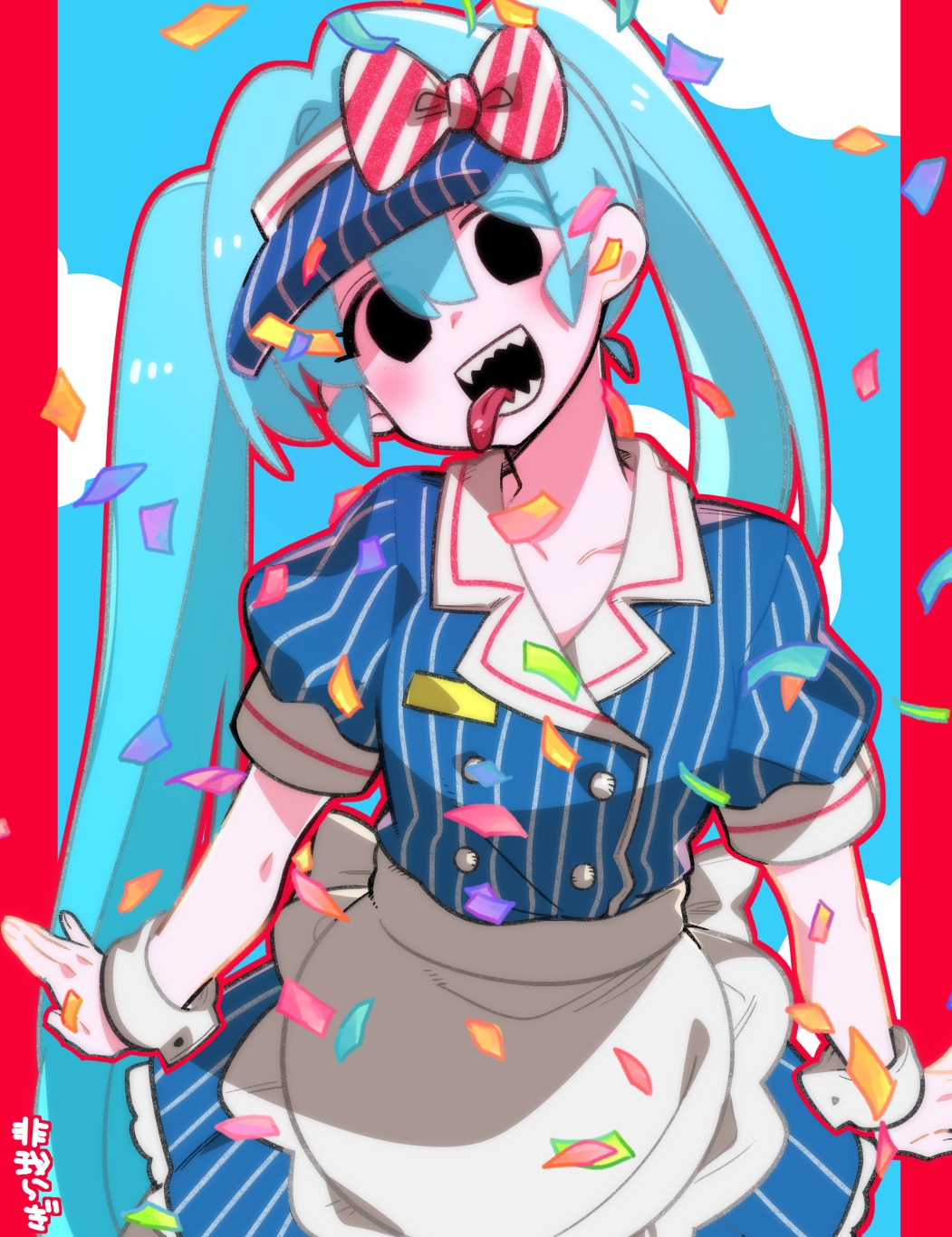 higaragi, hatsune miku, mesmerizer (vocaloid), vocaloid, commentary, highres, 1girl, apron, aqua hair, black eyes, blue dress, blush, bow, confetti, dress, empty eyes, hat, hat bow, head tilt, long hair, looking at viewer, open mouth, puffy short sleeves, puffy sleeves, sharp teeth, short sleeves, solo, striped bow, teeth, tongue, tongue out, twintails, visor cap, waist apron, wrist cuffs