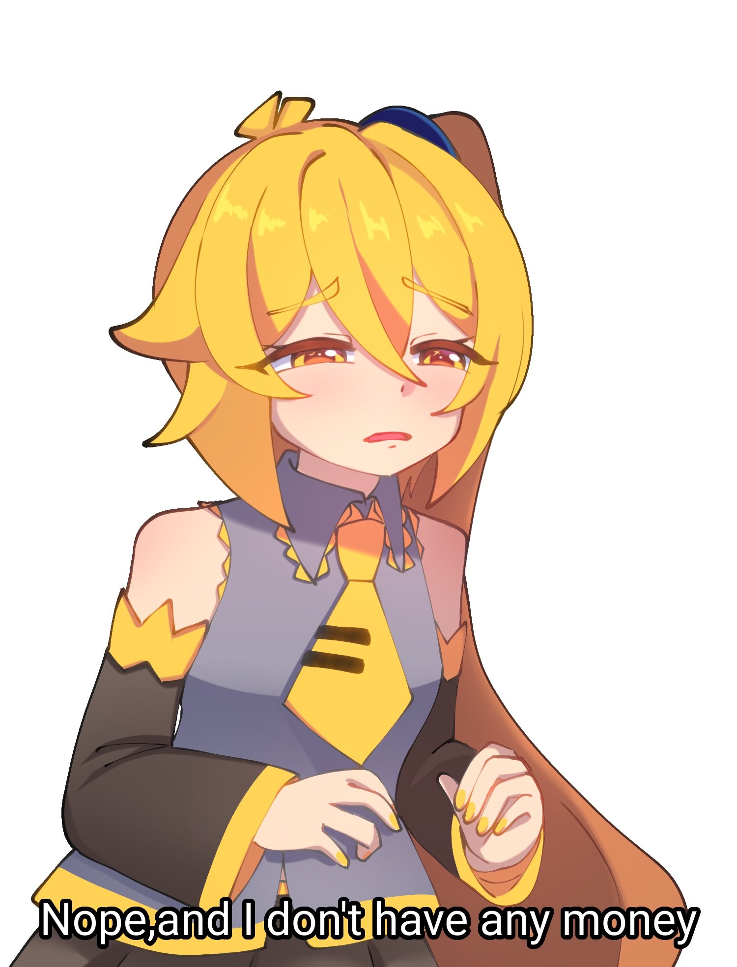 saw art06, akita neru, umamusume, vocaloid, commentary, highres, symbol-only commentary, 1girl, antenna hair, bare shoulders, black skirt, black sleeves, blonde hair, breasts, curled fingers, detached sleeves, double-parted bangs, english text, flipped hair, frown, furrowed brow, grey shirt, hair between eyes, hair tie, long hair, long sidelocks, long sleeves, nail polish, necktie, open mouth, parody, pleated skirt, scene reference, shirt, short necktie, side ponytail, sidelocks, simple background, skirt, sleeveless, sleeveless shirt, small breasts, solo, subtitled, very long hair, white background, yellow eyes, yellow nails, yellow necktie, yellow trim