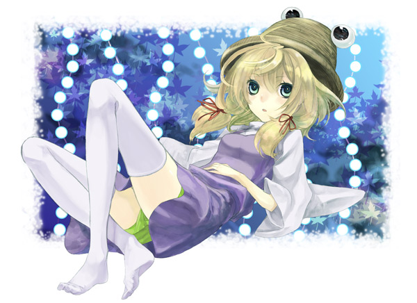 moyasix, shiratama moyashi, shirodama moyashi, moriya suwako, touhou, bad id, bad pixiv id, 1girl, blonde hair, female focus, full body, green eyes, hair ribbon, hat, ribbon, short hair, solo, thighhighs, white thighhighs, zettai ryouiki