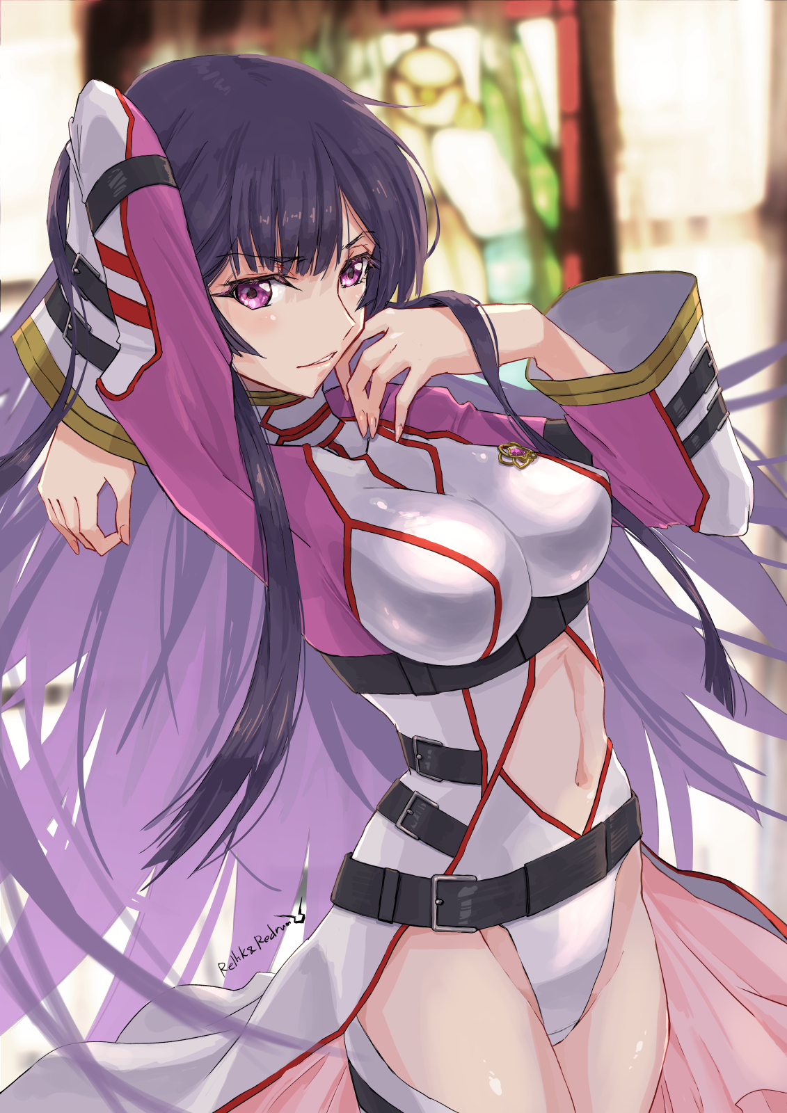 jun (rellik & redrum), sumeragi sakuya, code geass, code geass: dakkan no roze, commentary request, highres, 1girl, belt, black belt, black hair, blush, bodysuit, breasts, hair between eyes, large breasts, long hair, looking at viewer, mecha pilot suit, pink eyes, sidelocks, smile, solo, teeth