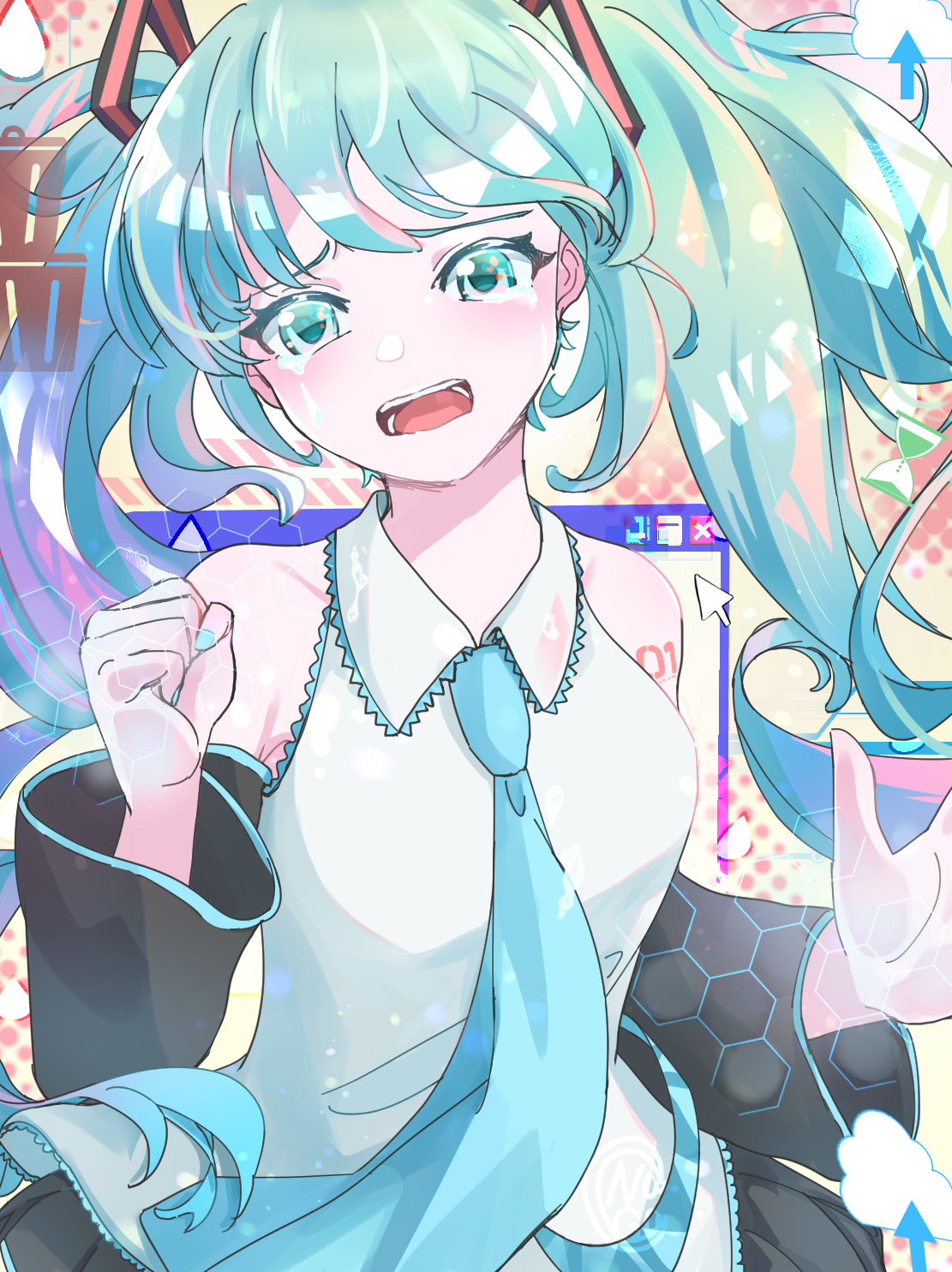 nagatsuki, hatsune miku, vocaloid, highres, 1girl, black skirt, black sleeves, blue eyes, blue hair, collared shirt, crying, cursor, detached sleeves, hair ornament, icon (computing), long hair, necktie, number tattoo, open mouth, shirt, skirt, tattoo, tears, twintails, very long hair, white shirt