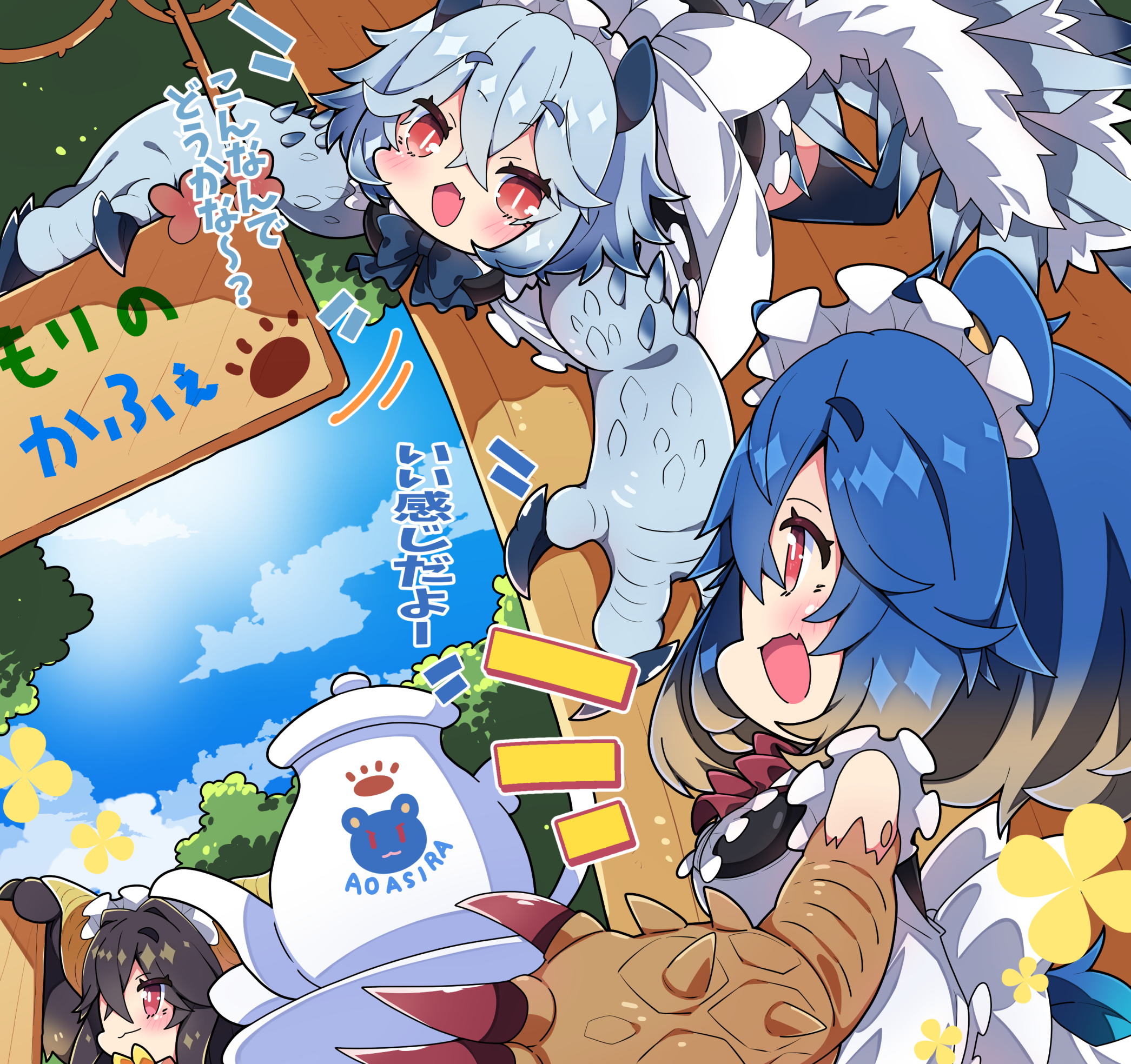 milkpanda, arzuros, rajang, tobi-kadachi, monster hunter (series), commentary request, highres, translation request, 3girls, :d, alternate costume, apron, black dress, black hair, black thighhighs, blue hair, blue sky, blush, brown hair, chibi, closed mouth, cloud, cup, day, dress, enmaided, fang, gradient hair, grey hair, hair between eyes, holding, holding tray, maid, maid apron, maid headdress, multicolored hair, multiple girls, notice lines, open mouth, outdoors, personification, profile, red eyes, short eyebrows, sign, sky, smile, teacup, teapot, thick eyebrows, thighhighs, tray, white apron