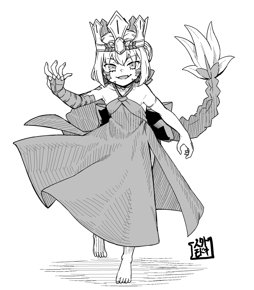 jingai modoki, nero claudius (fate), queen draco (fate), queen draco (first ascension) (fate), fate/grand order, fate (series), commentary request, 1girl, barefoot, crown, dragon tail, dress, flat chest, full body, greyscale, looking at viewer, monochrome, smile, solo, tail