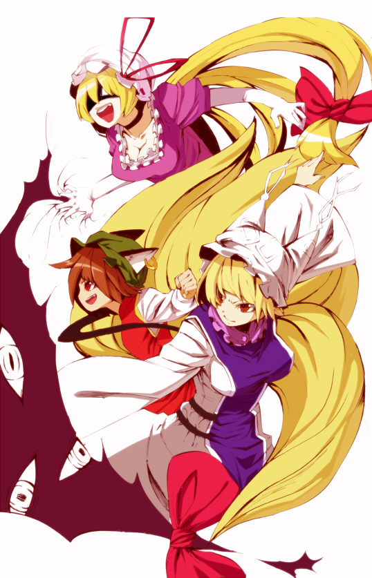 horumon, peptide, chen, yakumo ran, yakumo yukari, touhou, bad id, bad pixiv id, 3girls, animal ears, blonde hair, breasts, brown hair, cat ears, cat girl, cat tail, cleavage, earrings, female focus, fox tail, gap (touhou), hair ribbon, hat, jewelry, large breasts, multiple girls, multiple tails, ribbon, tail