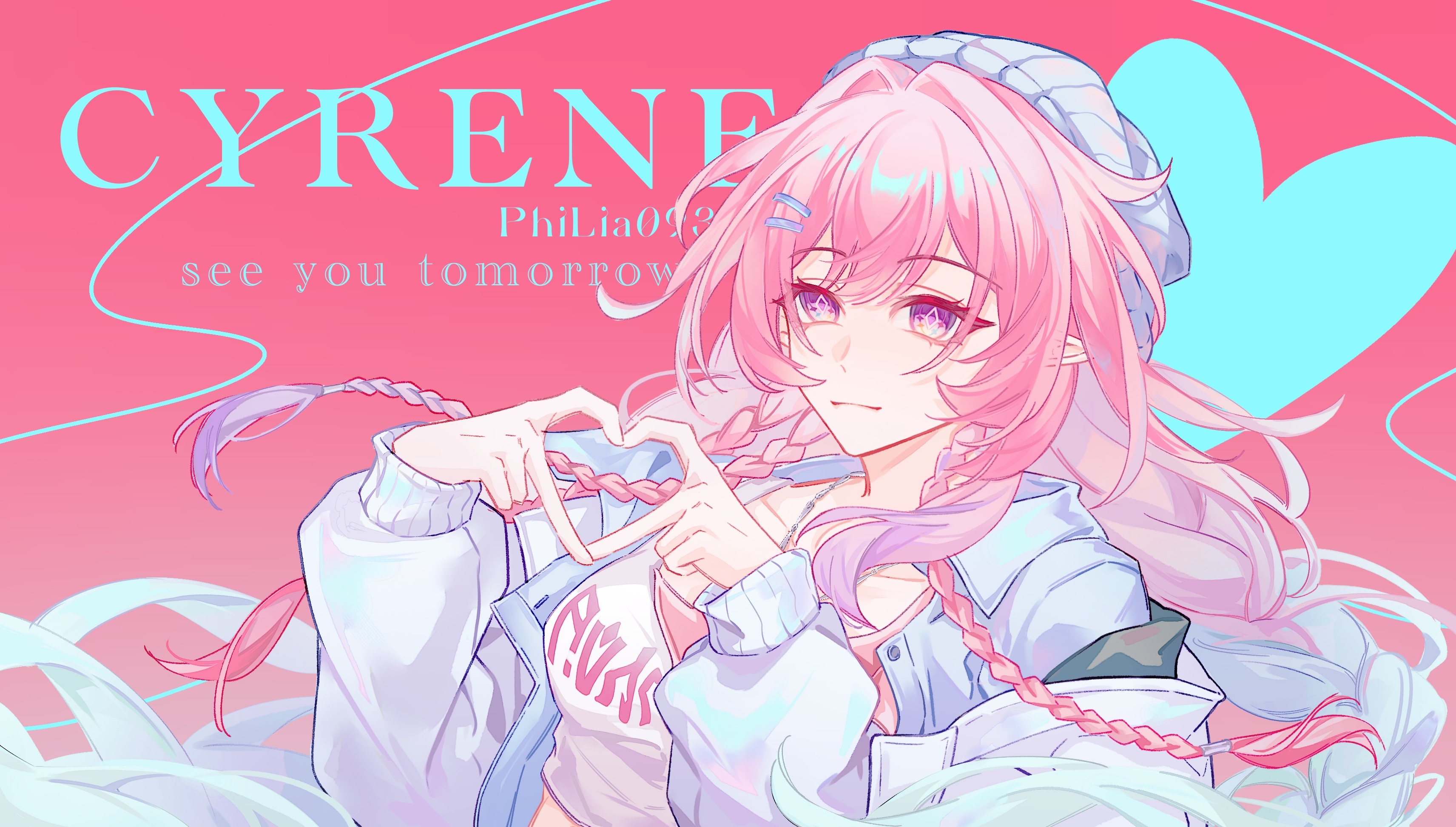 hyurns, cyrene (honkai: star rail), cyrene (ripples of past reverie) (honkai: star rail), honkai: star rail, honkai (series), absurdres, commentary request, highres, 1girl, aqua hair, blue hat, blue jacket, breasts, character name, chinese clothes, clothes writing, crop top, cyrene (nylon japan) (honkai: star rail), diamond-shaped pupils, diamond (shape), four-finger heart hands, hat, heart, heart hands, jacket, large breasts, long hair, looking at viewer, official alternate costume, pink background, pink hair, pointy ears, purple eyes, solo, symbol-shaped pupils, upper body, very long hair