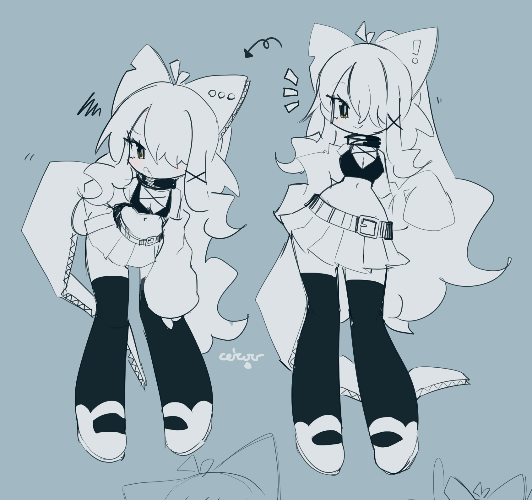 ceroro, original, commentary, english commentary, highres, !, …, 1girl, animal ears, antenna hair, arrow (symbol), belt, black bra, black collar, black thighhighs, blue background, bra, breasts, cardboard, cardie (ceroro), cleavage, closed mouth, collar, cross-laced bra, fake animal ears, fake tail, fang, hair over one eye, leaning forward, long bangs, long hair, long sleeves, midriff, monochrome, motion lines, multiple views, navel, open mouth, pleated skirt, ponytail, shoes, signature, simple background, skirt, sleeves past fingers, sleeves past wrists, smirk, squiggle, tail, thighhighs, underwear, v-shaped eyebrows, very long hair, white shoes, white skirt, white sleeves, zettai ryouiki