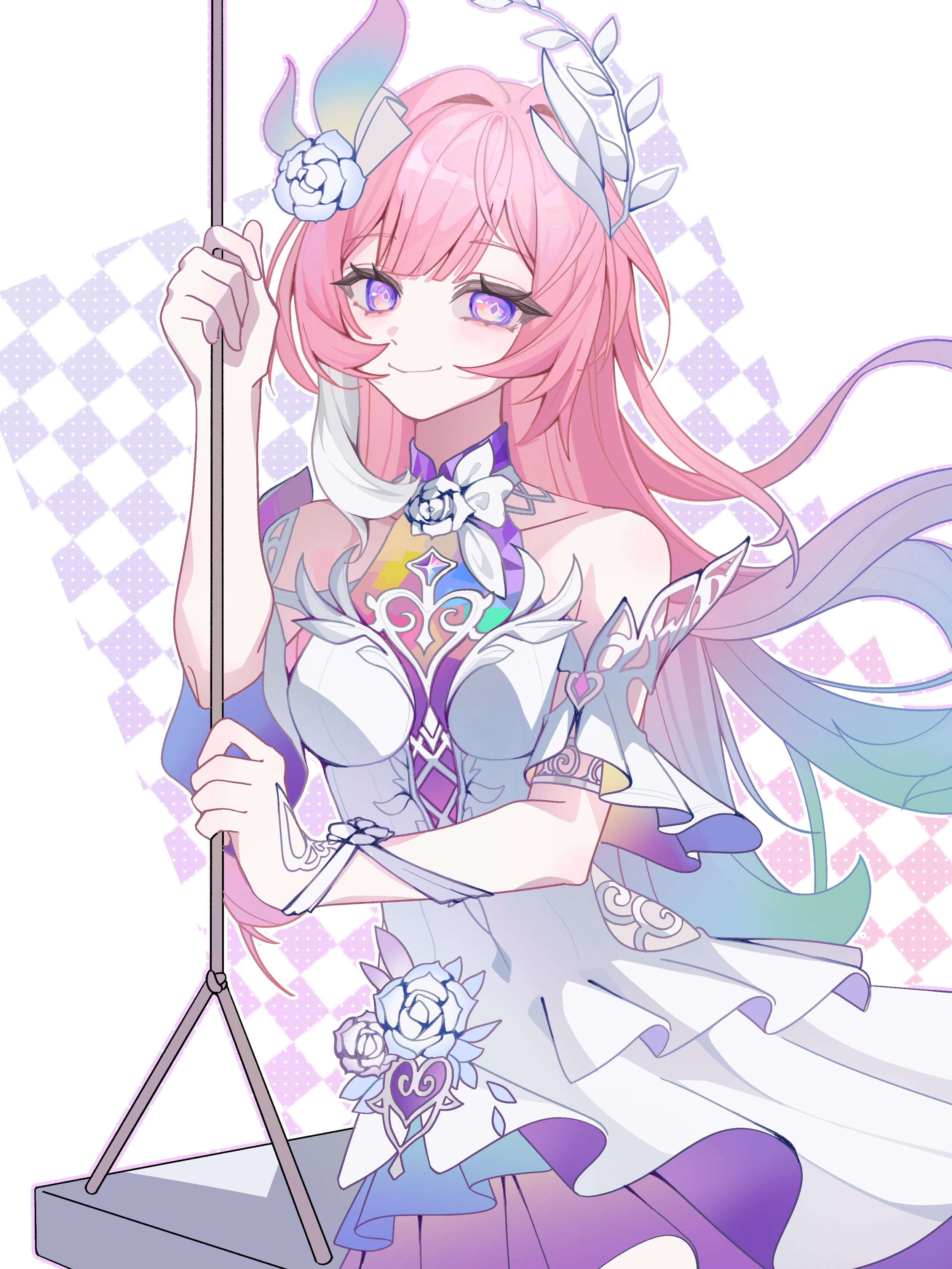 cyrene (honkai: star rail), cyrene (ripples of past reverie) (honkai: star rail), honkai: star rail, honkai (series), absurdres, chinese commentary, commentary request, highres, 1girl, aqua hair, bare shoulders, breasts, diamond-shaped pupils, diamond (shape), dress, flower, gradient hair, hair flower, hair ornament, large breasts, long hair, looking at viewer, multicolored hair, on swing, pink hair, purple eyes, smile, solo, swing, symbol-shaped pupils, very long hair, white dress, white hair, zzzz568150
