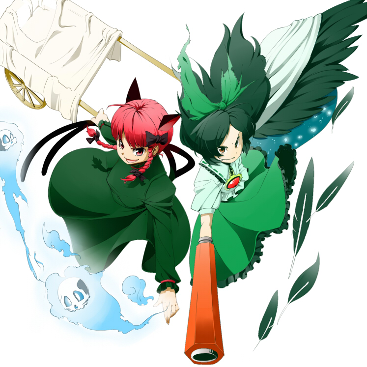 horumon, peptide, kaenbyou rin, reiuji utsuho, touhou, bad id, bad pixiv id, 2girls, animal ears, arm cannon, black hair, black wings, braid, cape, cat ears, cat girl, cat tail, female focus, multiple girls, multiple tails, red eyes, red hair, tail, twin braids, weapon, wheelbarrow, wings