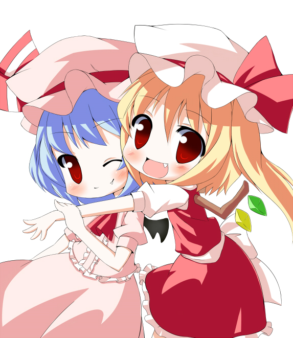 mamedenkyuu, mamedenkyuu (berun), flandre scarlet, remilia scarlet, touhou, 2girls, :d, chibi, fang, female focus, hat, hug, hug from behind, multiple girls, one eye closed, open mouth, red eyes, ribbon, siblings, sisters, smile, wink