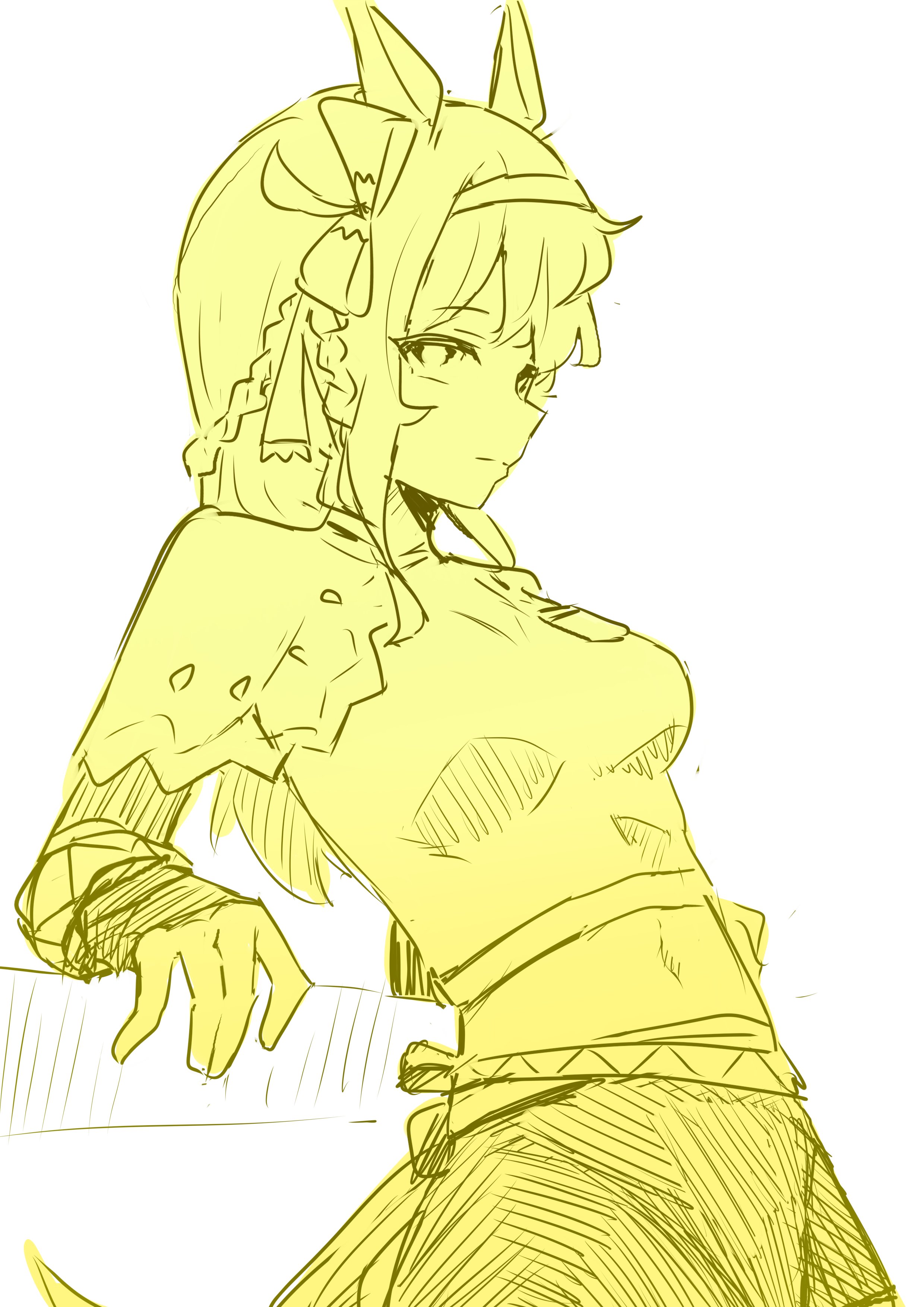 remise, lightning strikes thrice, horse race tests, absurdres, highres, 1girl, animal ears, arm support, black skirt, black sleeves, blonde hair, bow, breasts, closed mouth, hair bow, hairband, horse ears, horse girl, leaning back, long hair, long sleeves, looking at viewer, looking to the side, medium breasts, midriff, monochrome, shirt, simple background, skirt, solo, upper body, white background, yellow hairband, yellow shirt, yellow theme