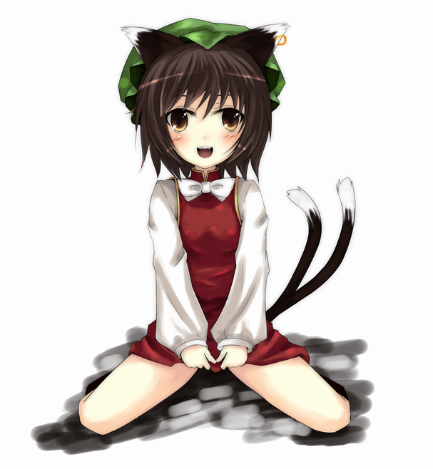 moccy, chen, touhou, 1girl, animal ears, brown hair, cat ears, cat girl, cat tail, dress, earrings, female focus, full body, hat, jewelry, multiple tails, short hair, solo, tail, white background