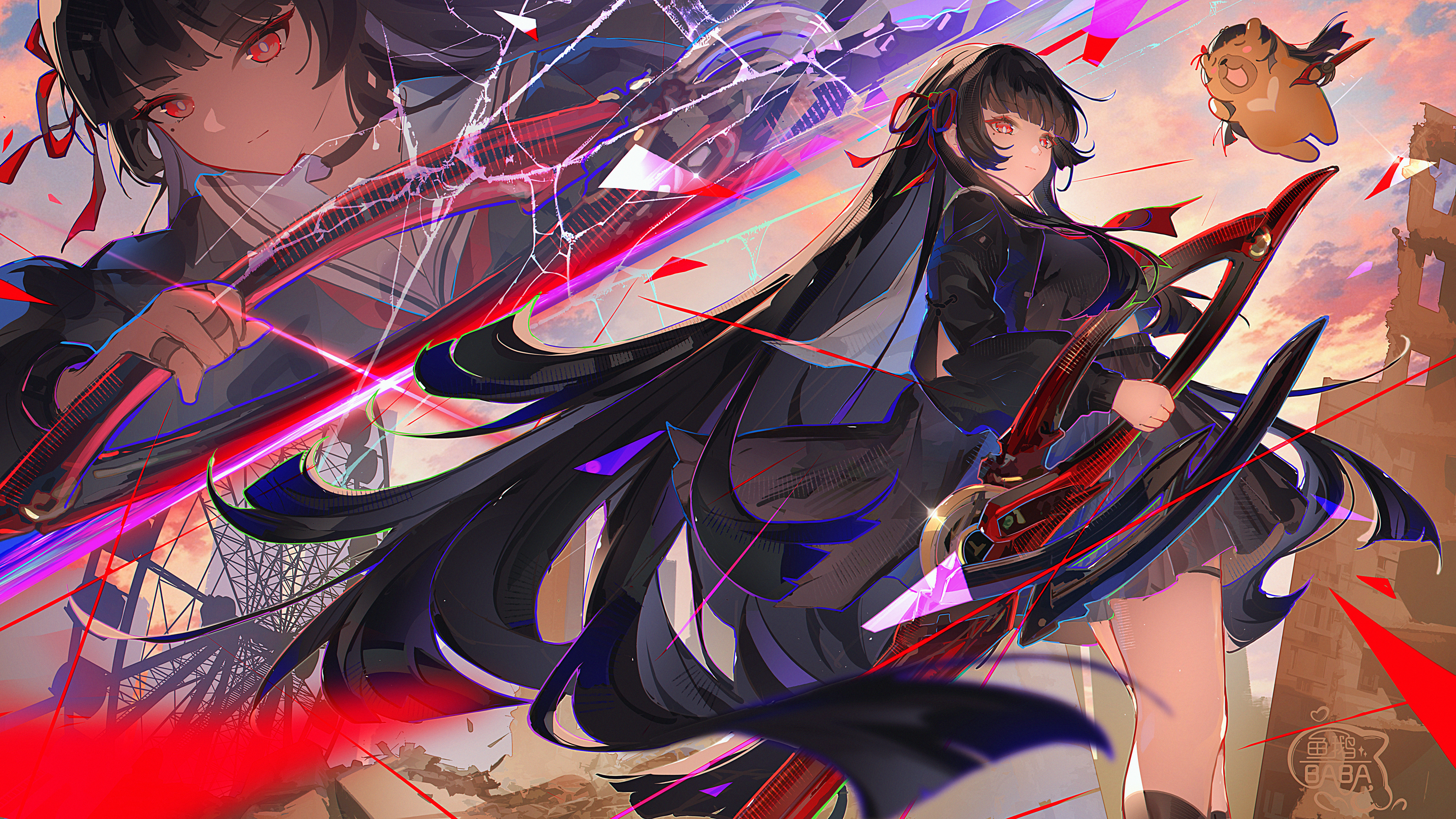 yu e baba, chisa (wuthering waves), wuthering waves, commentary request, highres, partial commentary, 1girl, artist logo, black choker, black jacket, black serafuku, black shirt, black skirt, choker, closed mouth, hair ribbon, holding, holding sword, holding weapon, jacket, logo, looking at viewer, mole, mole under eye, multiple views, namipon (wuthering waves), neckerchief, red eyes, red neckerchief, red ribbon, ribbon, sailor collar, school uniform, serafuku, shirt, skirt, sword, weapon, white sailor collar