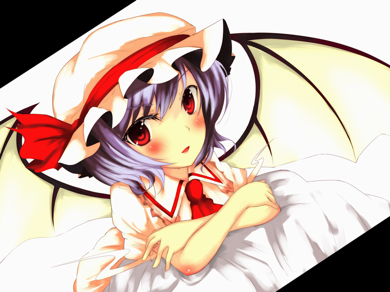 moccy, remilia scarlet, touhou, 1girl, female focus, hat, red eyes, solo, white background, wings