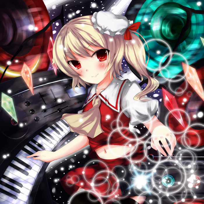moccy, flandre scarlet, touhou, 1girl, blush, female focus, instrument, keyboard (instrument), navel, red eyes, sitting, solo