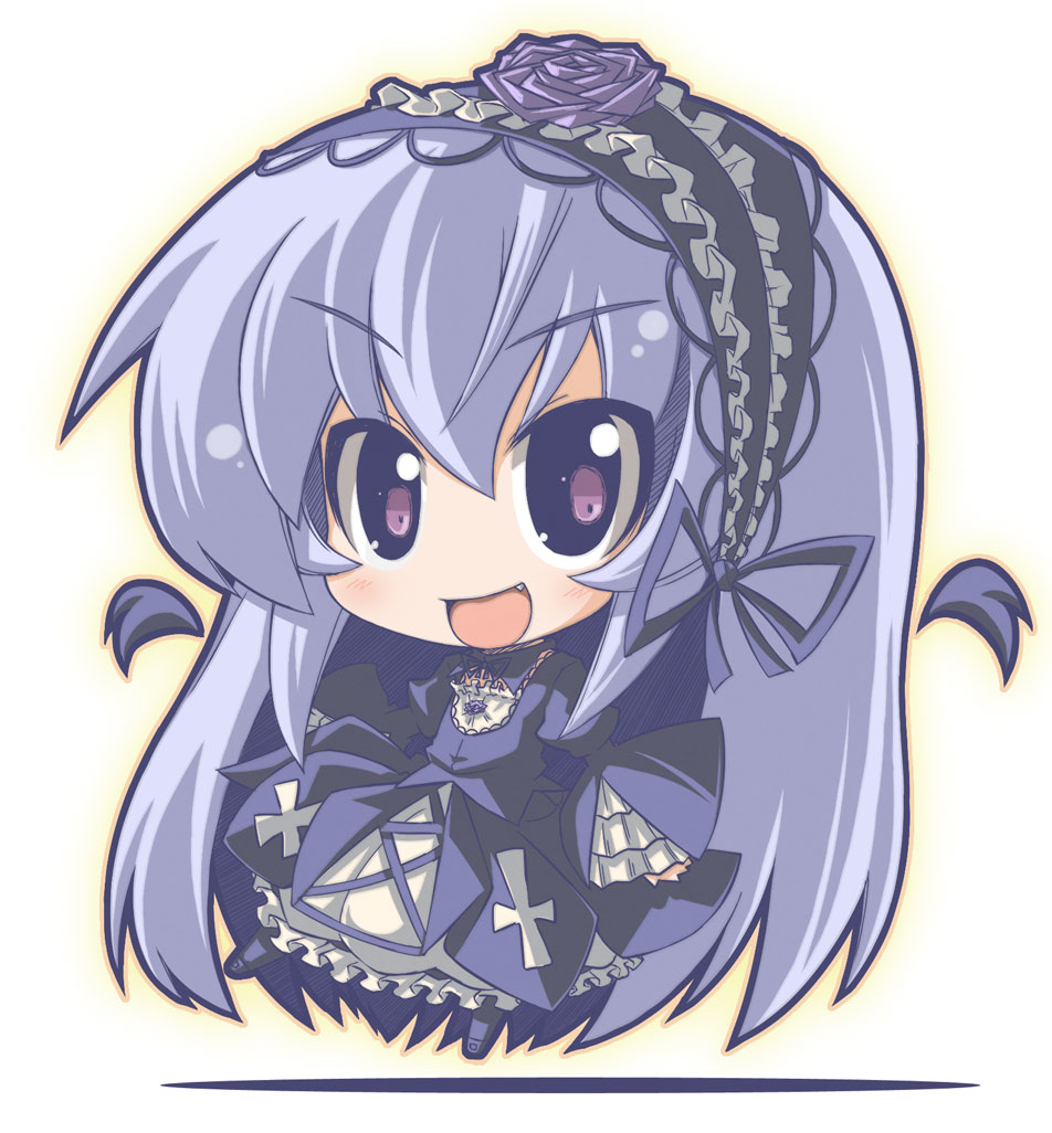 crazy developers, suigintou, rozen maiden, silver hair, 00s, blush, chibi, dress, fang, frills, hairband, long hair, purple eyes, smile, solo, very long hair, wings