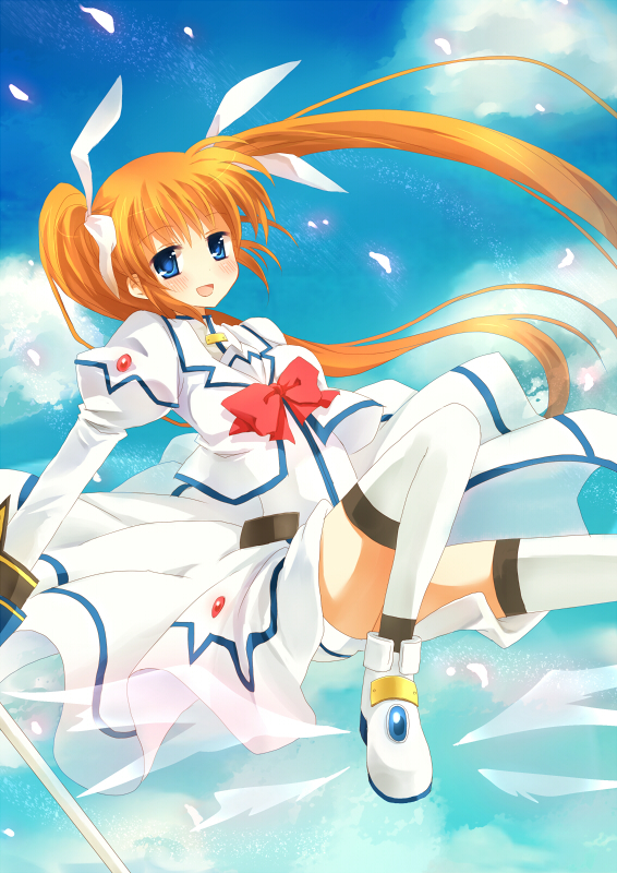 hinase haruka, raising heart, takamachi nanoha, lyrical nanoha, mahou shoujo lyrical nanoha, bad id, bad pixiv id, 00s, blue eyes, blush, brown hair, hair ribbon, long hair, ribbon, smile, solo, thighhighs, twintails, white thighhighs