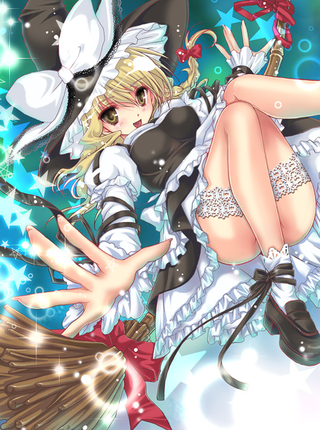 shisaki tayu, tayu shisaki, kirisame marisa, touhou, bad id, bad pixiv id, 1girl, arm ribbon, blonde hair, blush, braid, breasts, broom, convenient leg, female focus, frilled thigh strap, hat, impossible clothes, impossible shirt, lace, legs, loafers, long sleeves, no panties, open mouth, outstretched hand, ribbon, shirt, shoes, smile, solo, sparkle, star (symbol), thigh strap, witch, witch hat, wrist ribbon, yellow eyes