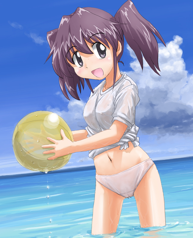tanada-bon, asou natsumi, sketchbook full colors, 00s, 1girl, ball, beachball, black eyes, cloud, day, female focus, navel, ocean, outdoors, panties, purple hair, see-through clothes, sky, smile, solo, swimsuit, twintails, underwear, water, wet, wet clothes