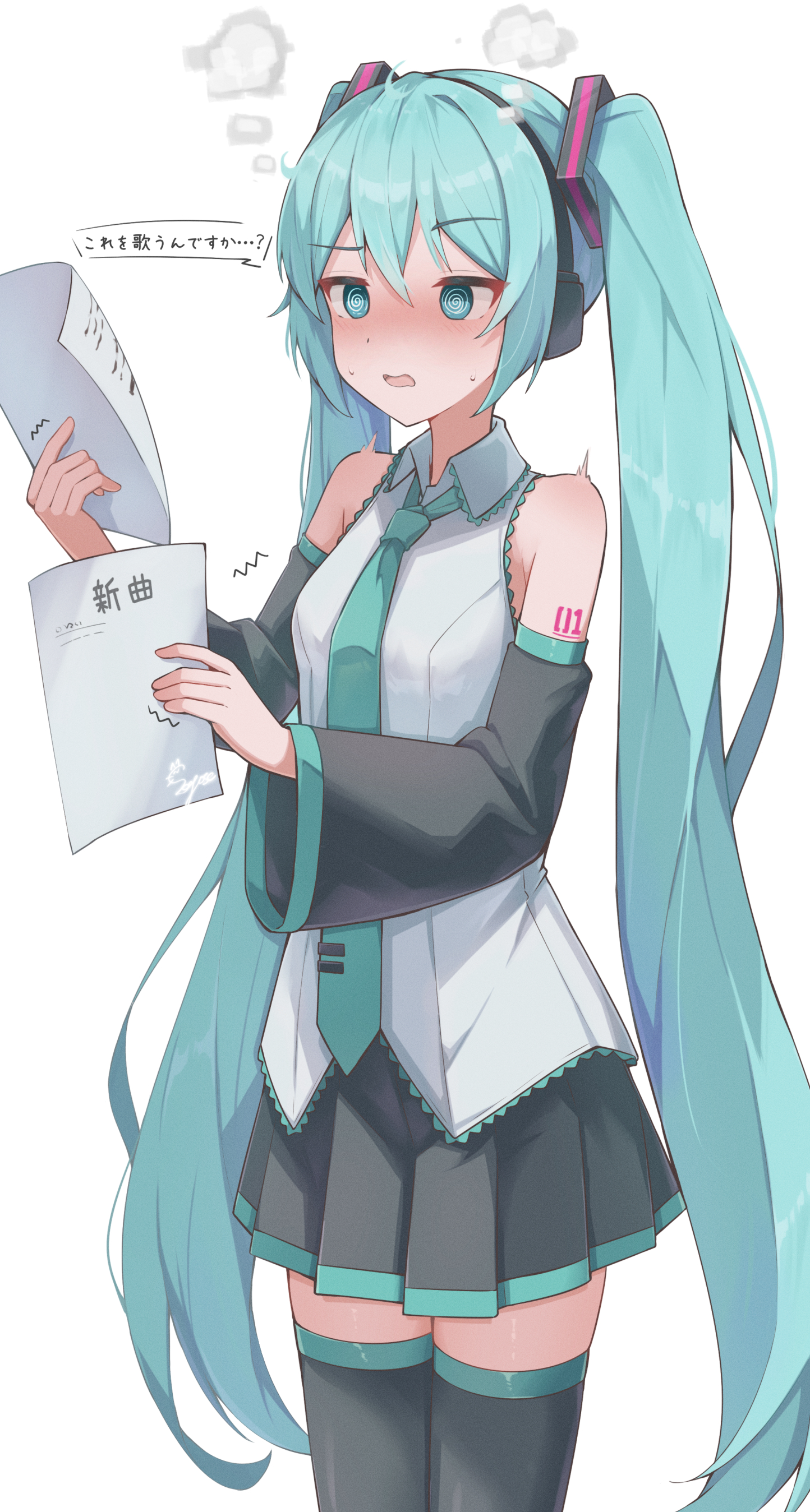 soyose, hatsune miku, vocaloid, absurdres, highres, 1girl, bare shoulders, black skirt, black sleeves, blue eyes, blue hair, blush, collared shirt, detached sleeves, hair ornament, headphones, long hair, miniskirt, necktie, number tattoo, shirt, skirt, tattoo, thighhighs, twintails, very long hair, white shirt