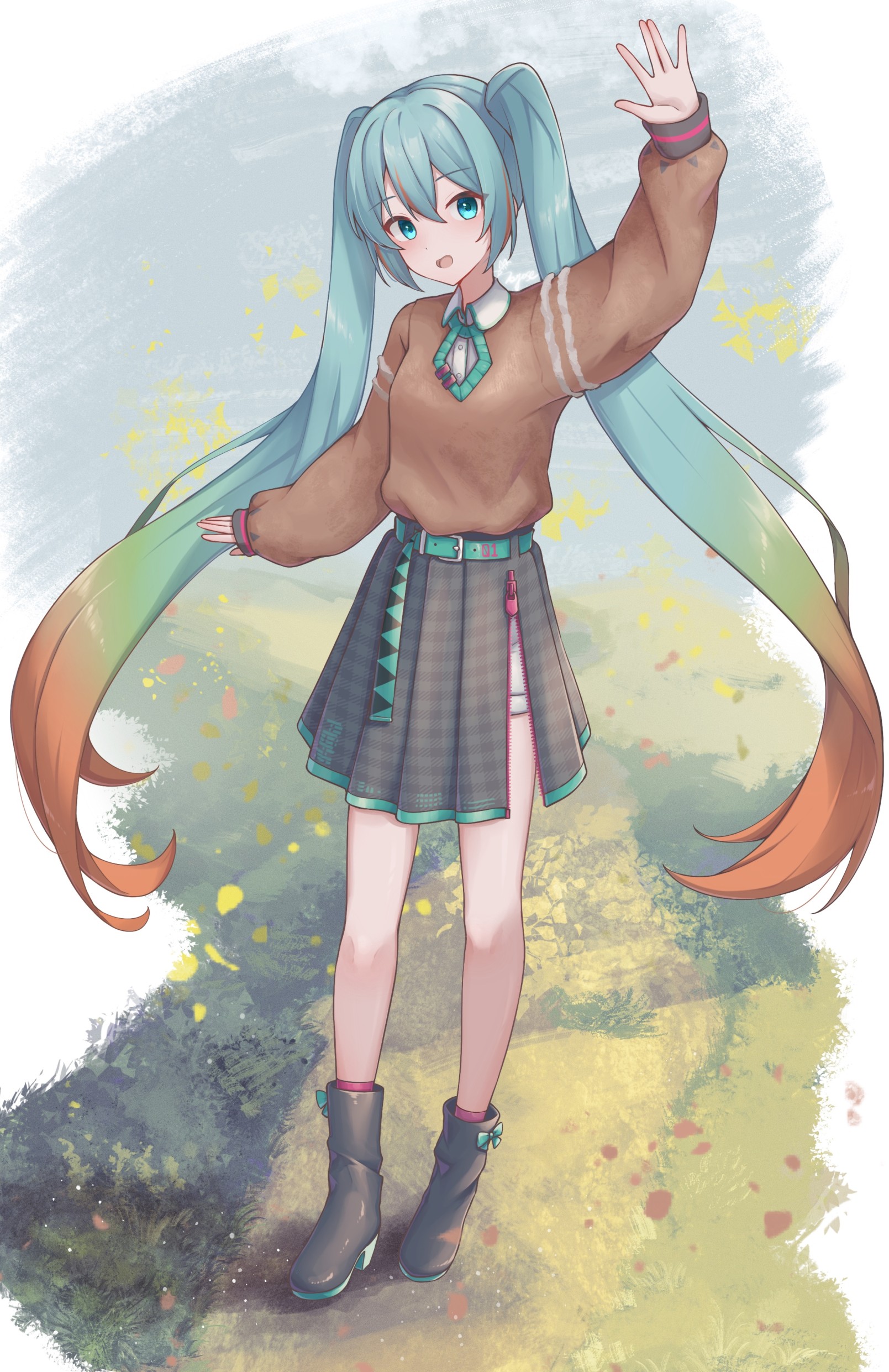 soyose, hatsune miku, vocaloid, absurdres, highres, 1girl, black boots, black skirt, blue eyes, blue hair, boots, collared shirt, hair ornament, long hair, open mouth, scenery, shirt, shorts, skirt, smile, sweater, twintails, very long hair, waving, white shirt