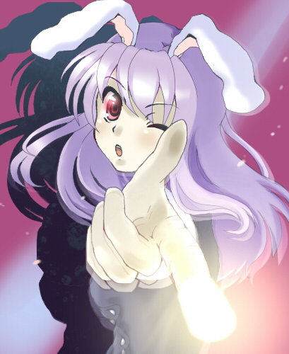 yuko (artist), yuuyuu (yuko), reisen udongein inaba, touhou, bad id, bad pixiv id, lowres, 1girl, animal ears, female focus, one eye closed, rabbit ears, solo, wink