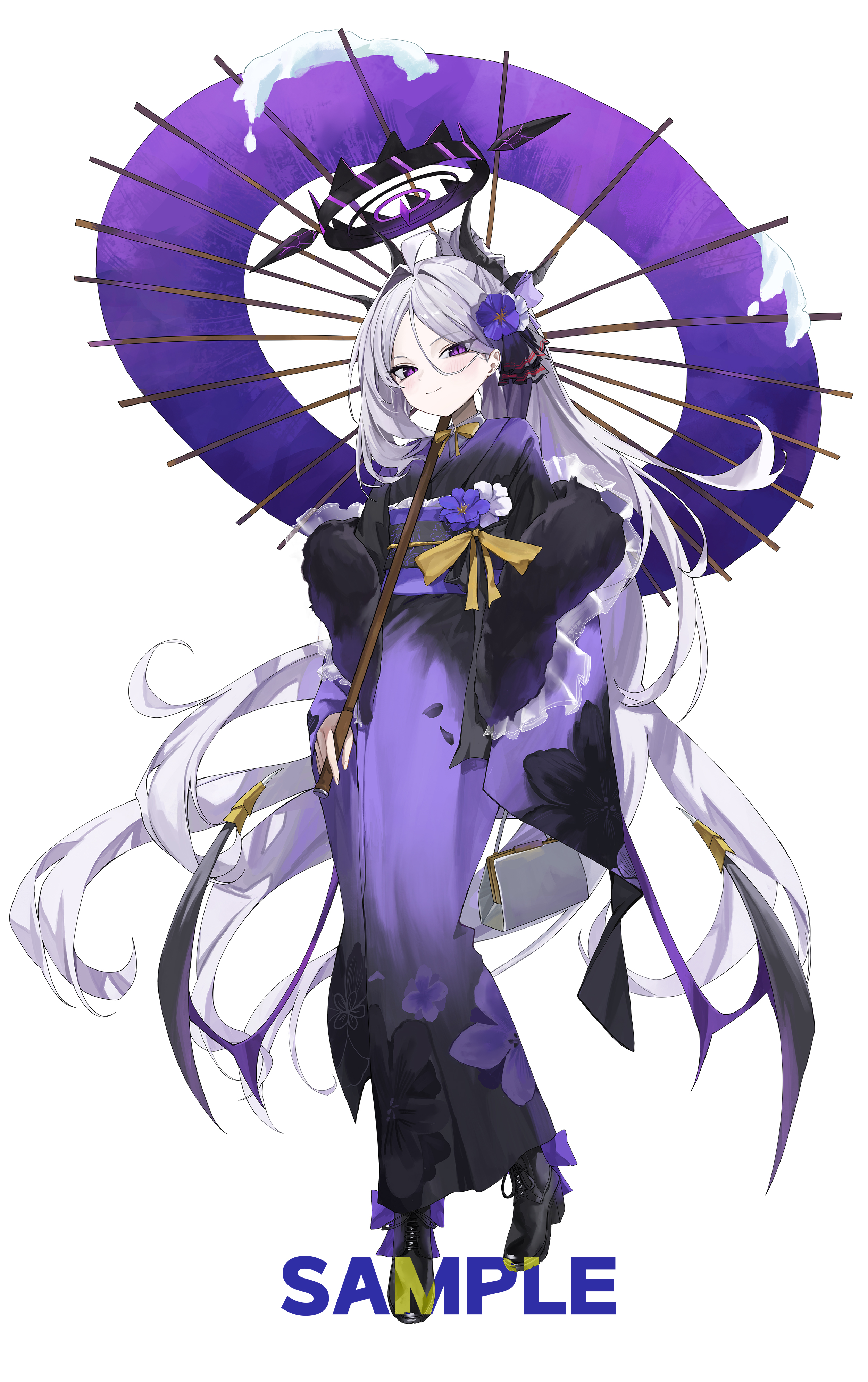 rosu 1109, hina (blue archive), blue archive, absurdres, commentary request, highres, 1girl, ahoge, alternate costume, black boots, boots, flower, full body, grey hair, hair flower, hair ornament, holding, holding umbrella, japanese clothes, kimono, long hair, long sleeves, looking at viewer, purple eyes, purple kimono, sample watermark, simple background, standing, umbrella, very long hair, watermark, white background