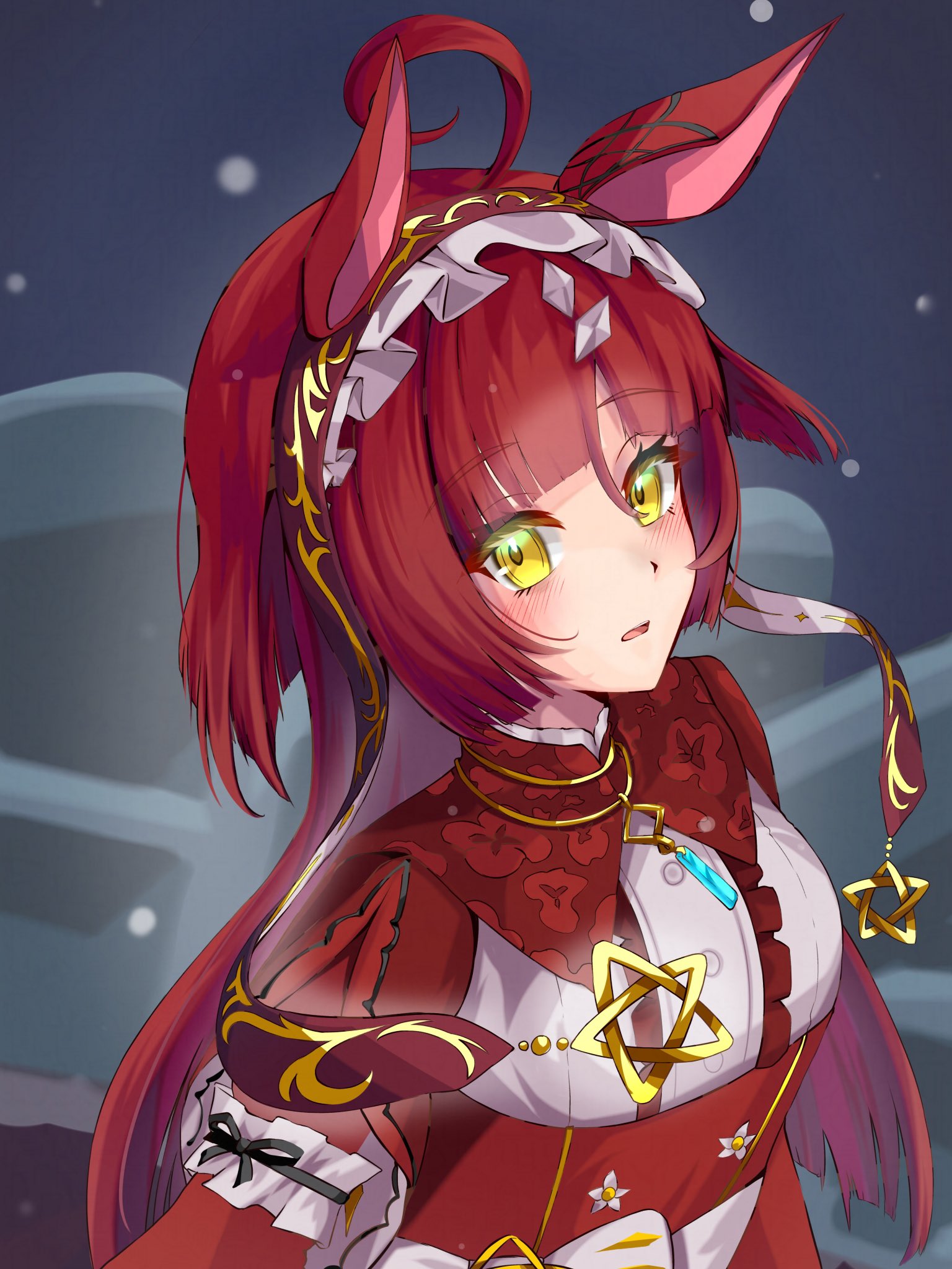 nanatu-makura, red desire (umamusume), umamusume, commentary request, highres, 1girl, ahoge, animal ears, blunt bangs, blush, breasts, grey background, hair between eyes, hair ornament, horse ears, horse girl, jewelry, looking at viewer, necklace, red hair, simple background, small breasts, solo, yellow eyes