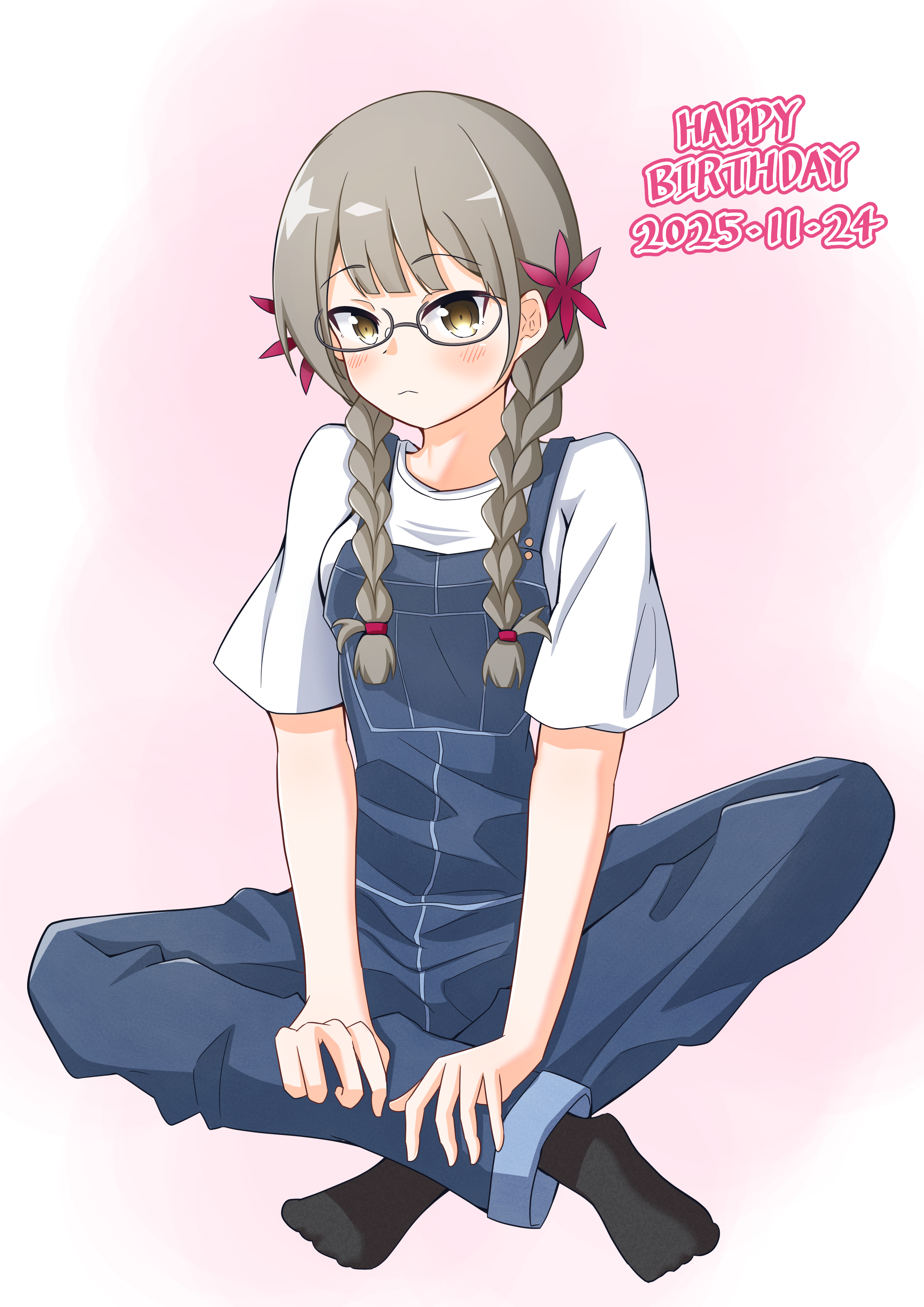 hanamoto yoshika, nogi wakaba wa yuusha de aru, yuusha de aru, absurdres, commentary request, highres, 1girl, birthday, black-framed eyewear, black socks, blue overalls, blush, braid, breasts, brown eyes, brown hair, closed mouth, crossed ankles, crossed legs, dated, denim, flower, frown, full body, glasses, gradient background, grey hair, hair flower, hair ornament, hair over shoulder, hand on own leg, happy birthday, indian style, long hair, looking at viewer, medium breasts, mygod877sasa, no shoes, overalls, pink background, red flower, semi-rimless eyewear, shirt, short sleeves, simple background, sitting, socks, solo, t-shirt, twin braids, twintails, under-rim eyewear, white background, white shirt, yellow eyes