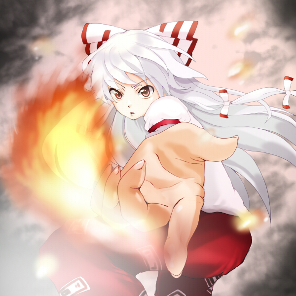 yuko (artist), yuuyuu (yuko), fujiwara no mokou, touhou, bad id, bad pixiv id, 1girl, female focus, fire, ribbon, solo