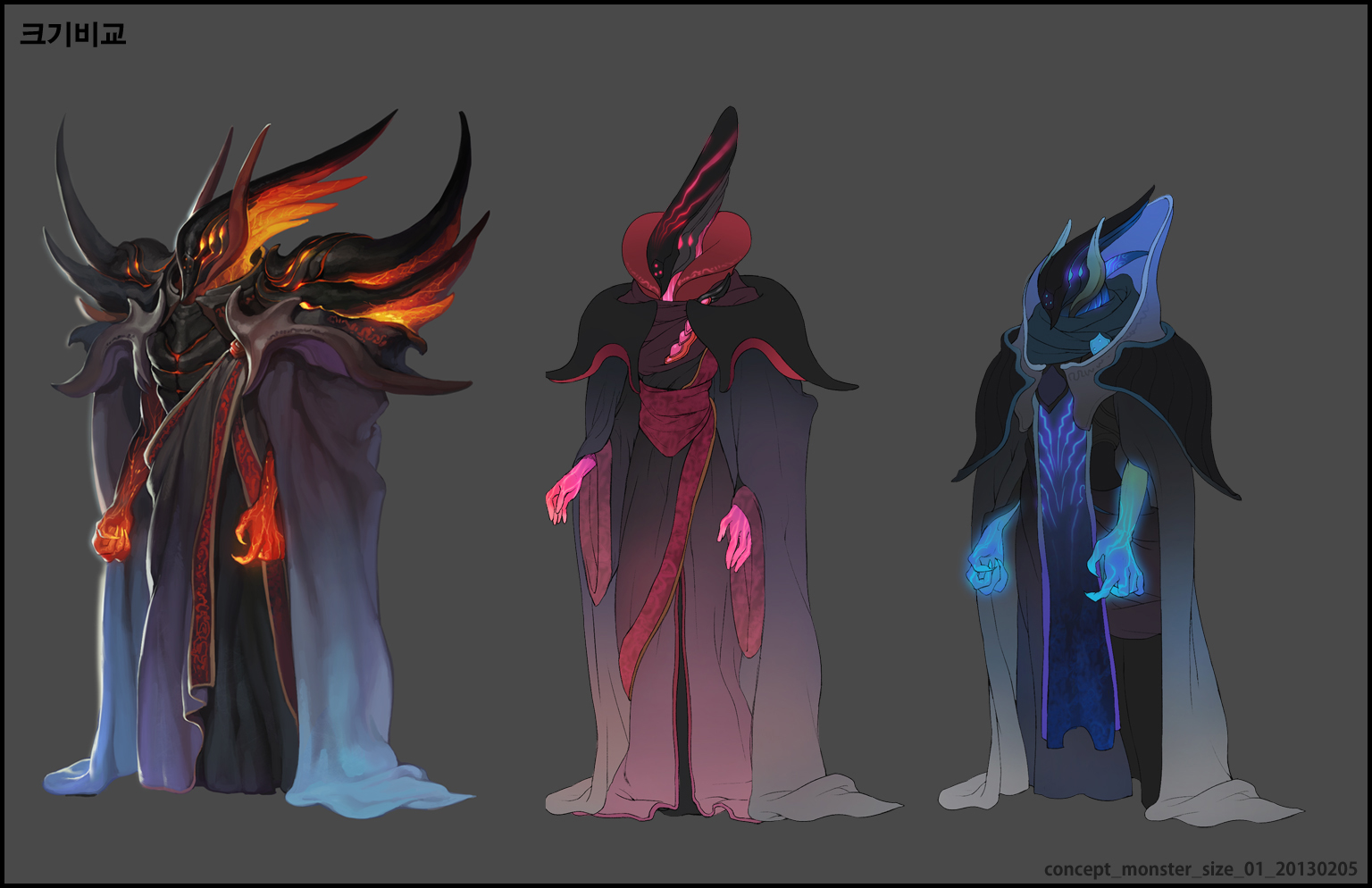 caesty, nexon, tales weaver, commentary request, korean commentary, official art, translated, armor, color coordination, dated commentary, english text, full body, grey background, grey cloak, korean text, monster, monster focus, no humans, pauldrons, production art, reference sheet, shoulder armor, simple background, standing