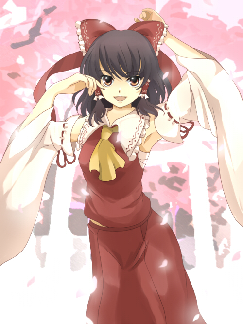 yuko (artist), yuuyuu (yuko), hakurei reimu, touhou, bad id, bad pixiv id, 1girl, armpits, arms up, female focus, japanese clothes, miko, ribbon, sarashi, shrine, solo, torii